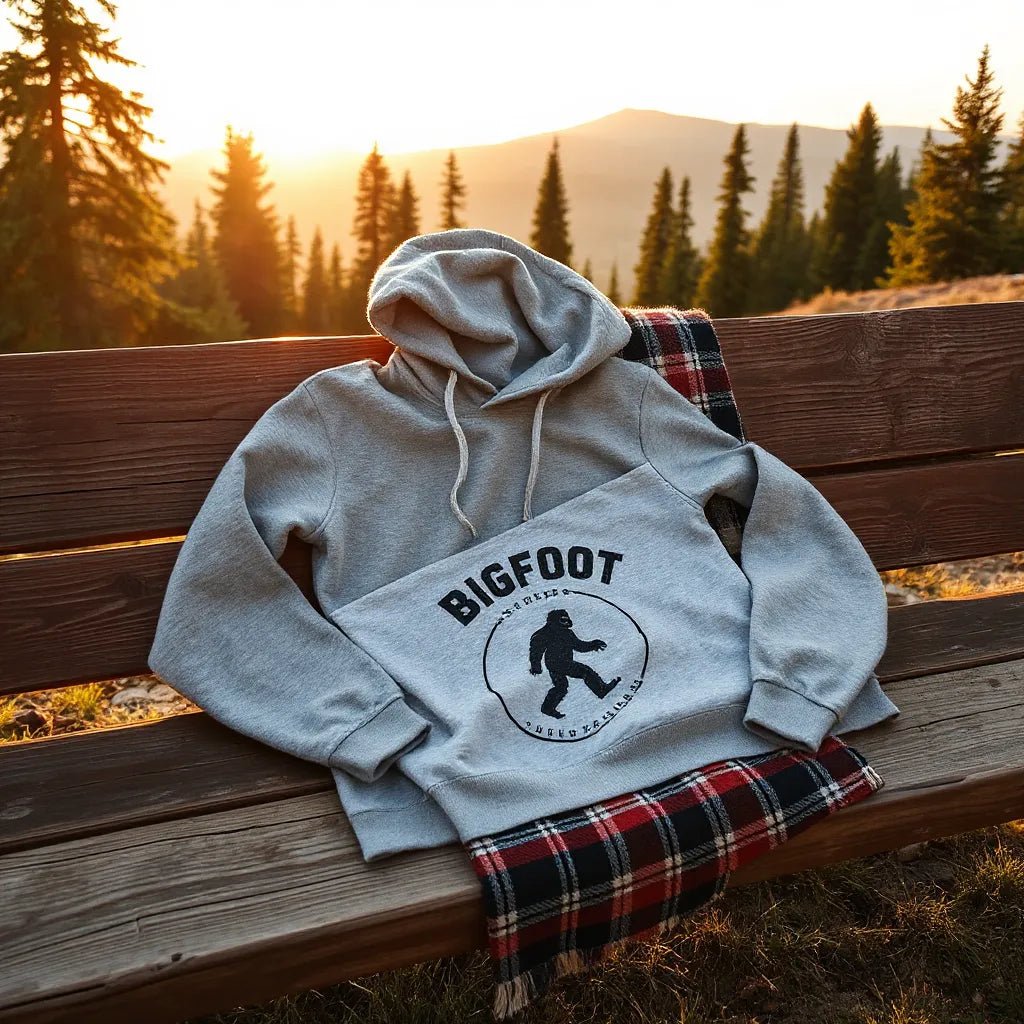 Folded Bigfoot-themed hoodie and graphic tee on a rustic bench with a forest backdrop at golden hour