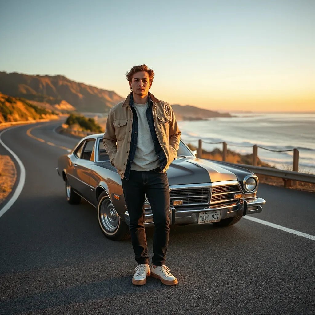 Casual model in state-inspired color clothing standing beside a vintage car on a coastal road