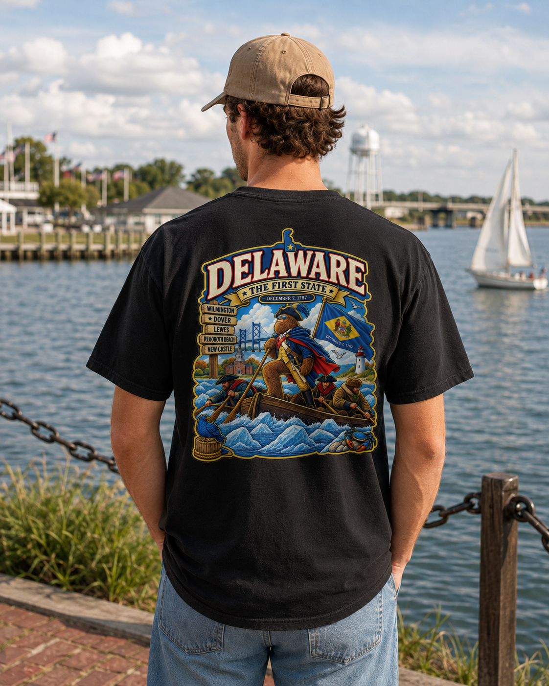 Delaware Revolutionary Boat Scene T-Shirt | State Flag Graphic