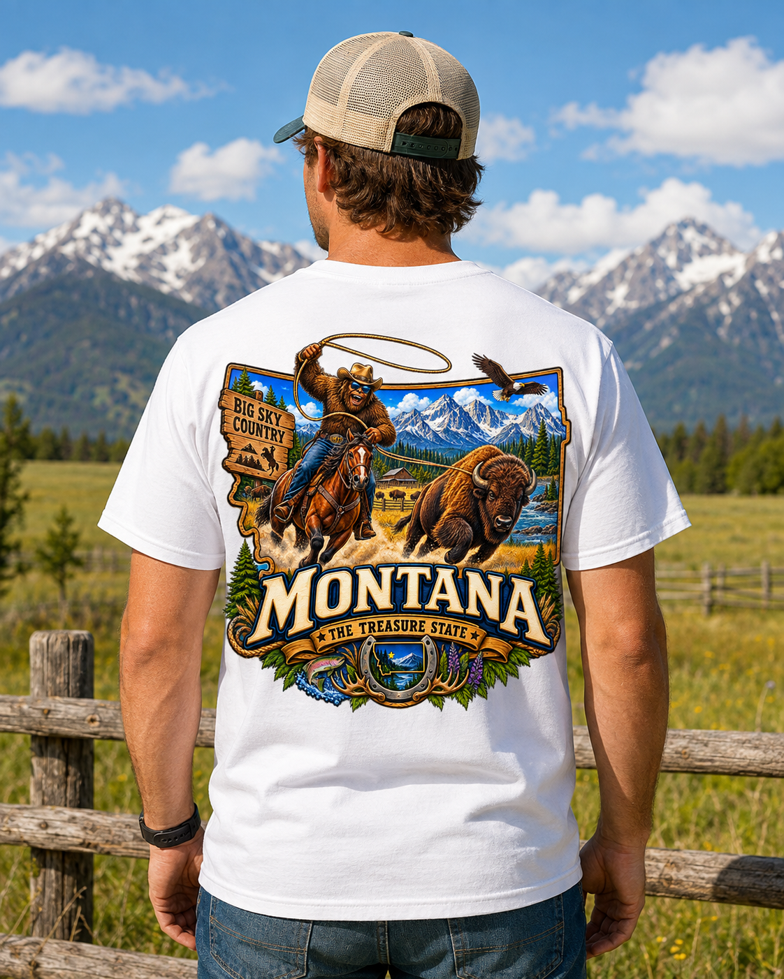Montana Bigfoot Cowboy Bison T-Shirt
