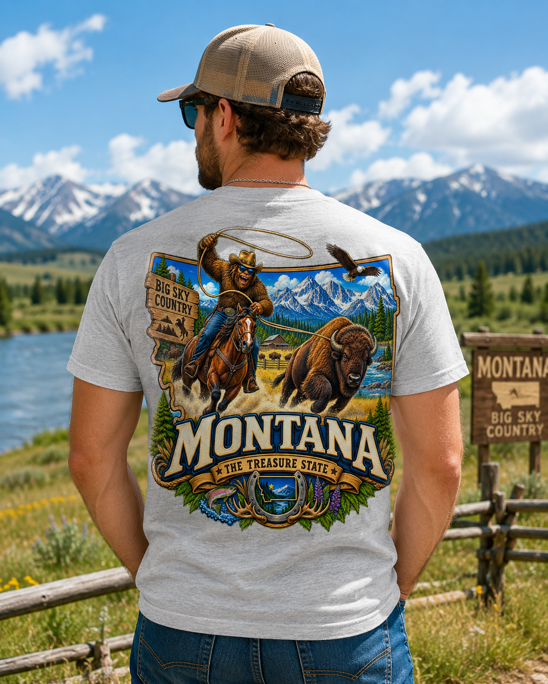 Montana Bigfoot Cowboy Bison T-Shirt