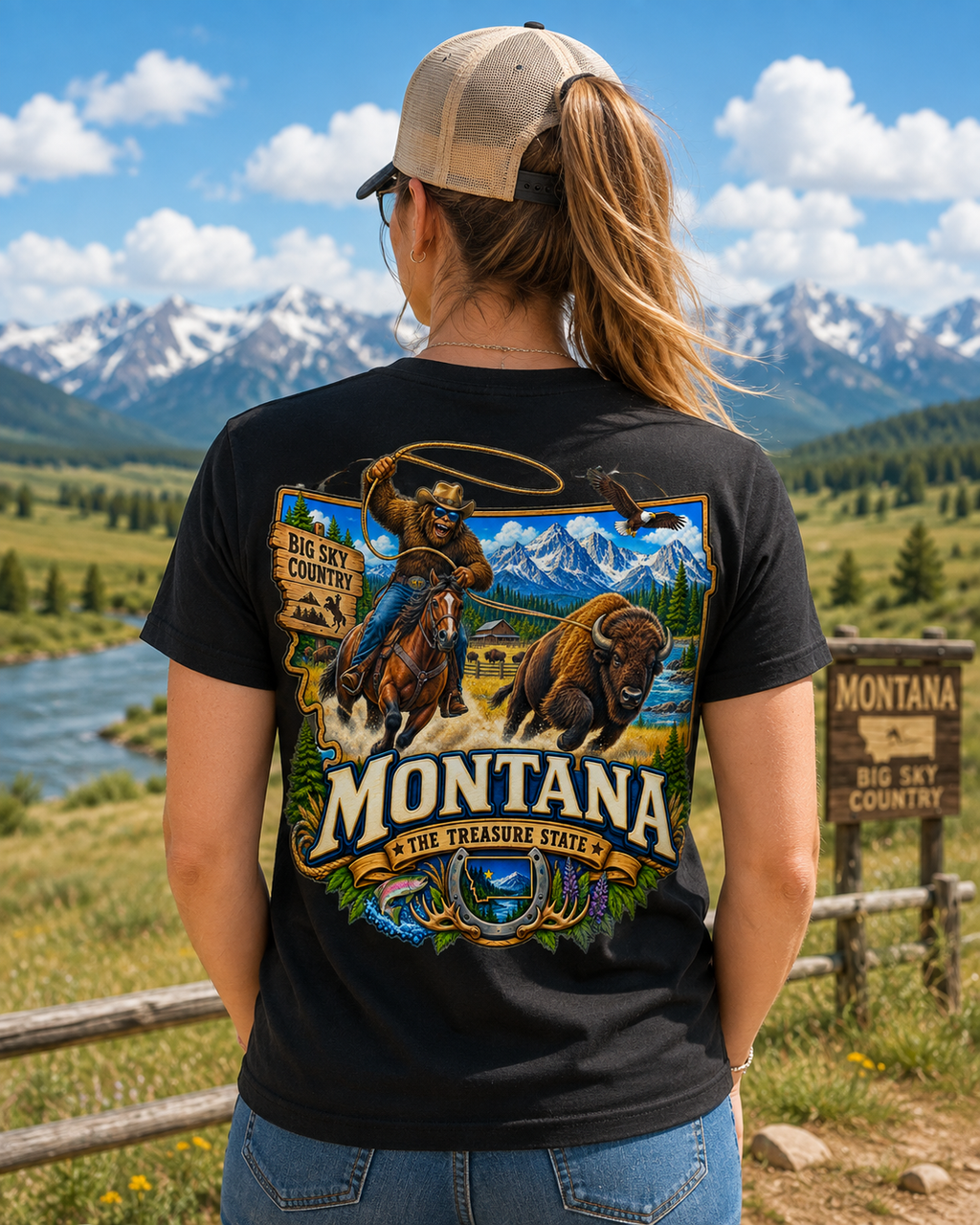Montana Bigfoot Cowboy Bison T-Shirt
