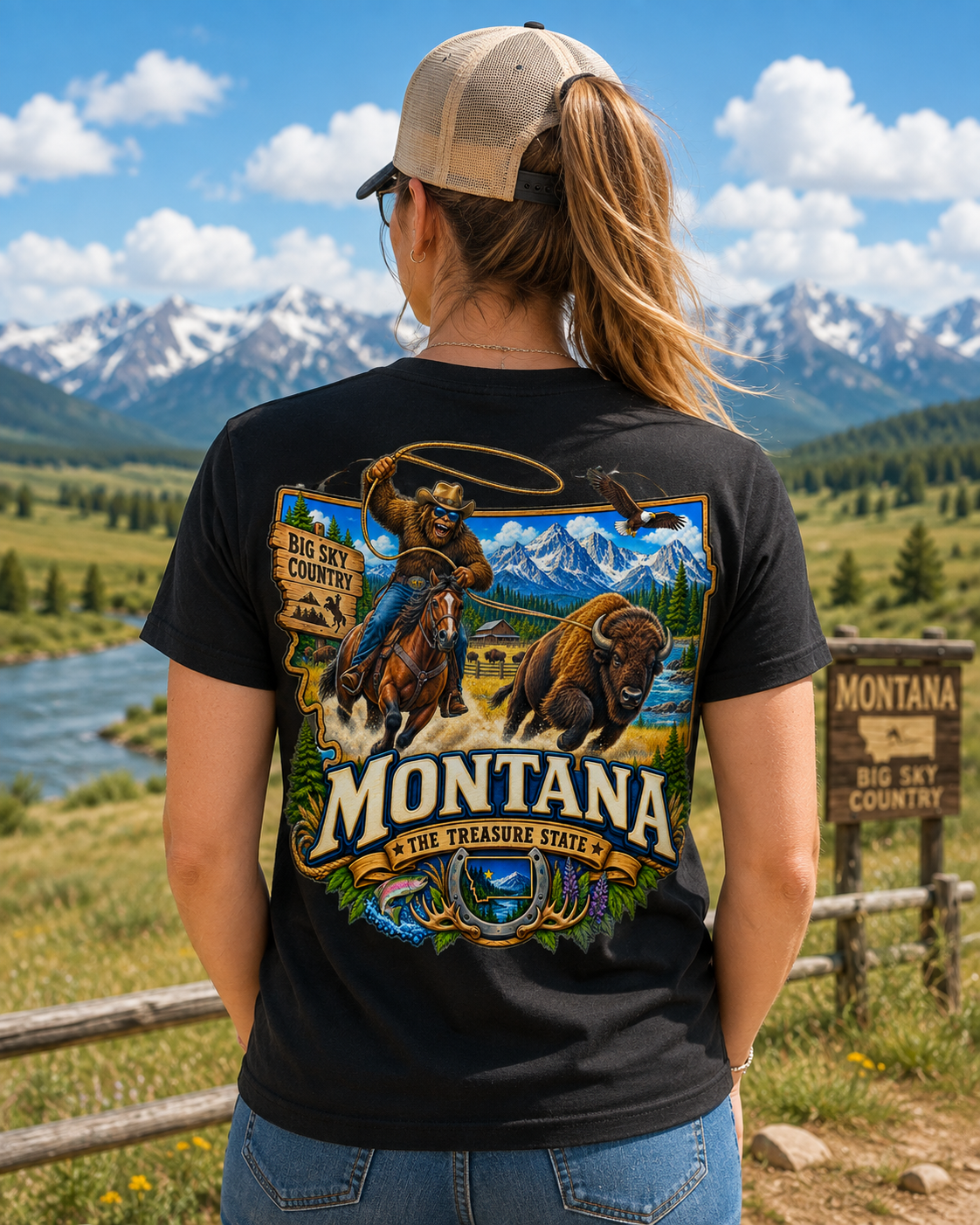 Montana Bigfoot Cowboy Bison T-Shirt