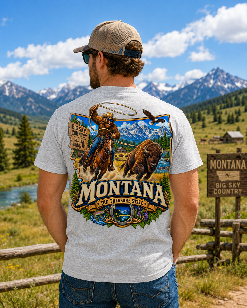 Montana Bigfoot Cowboy Bison T-Shirt