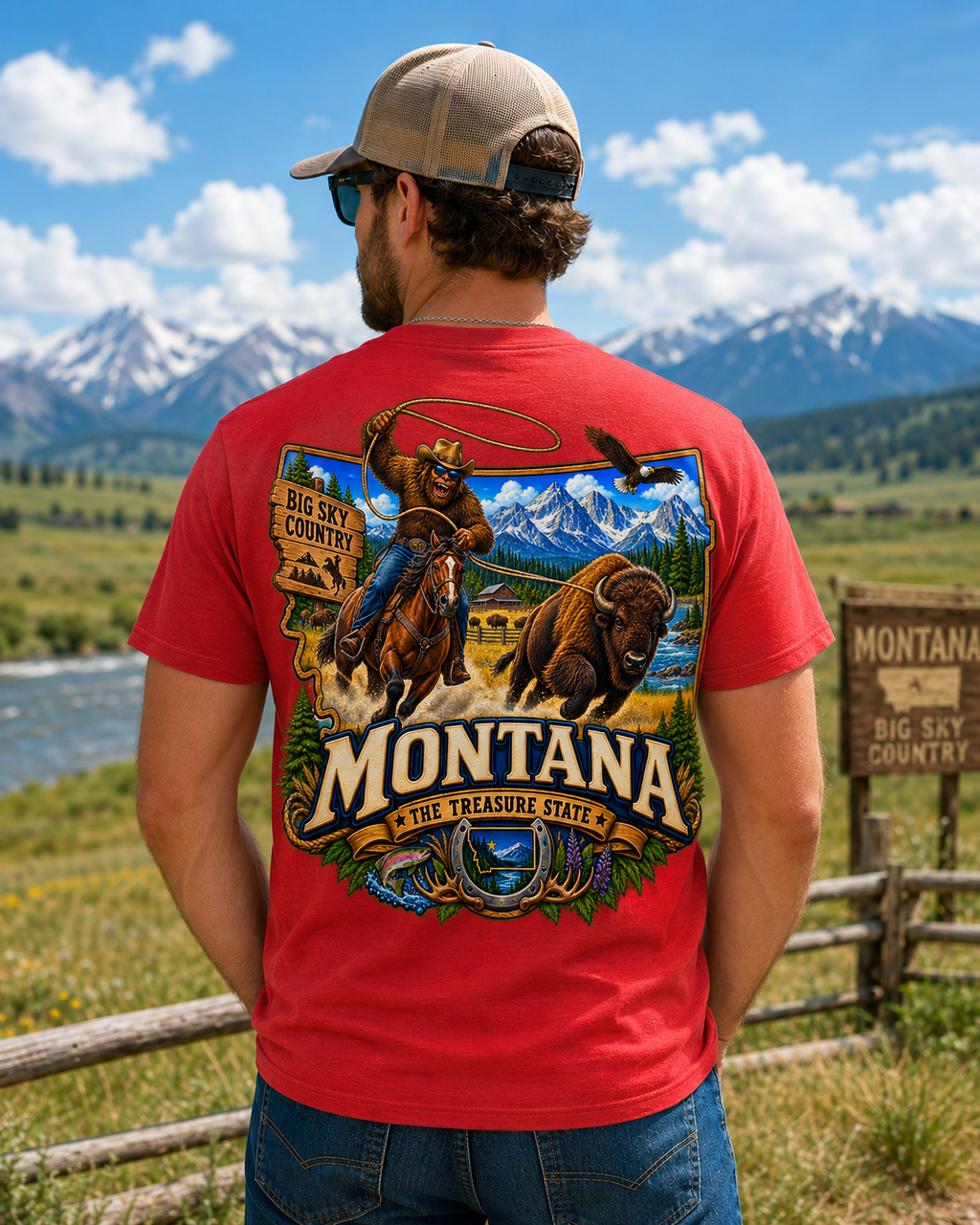 Montana Bigfoot Cowboy Bison T-Shirt