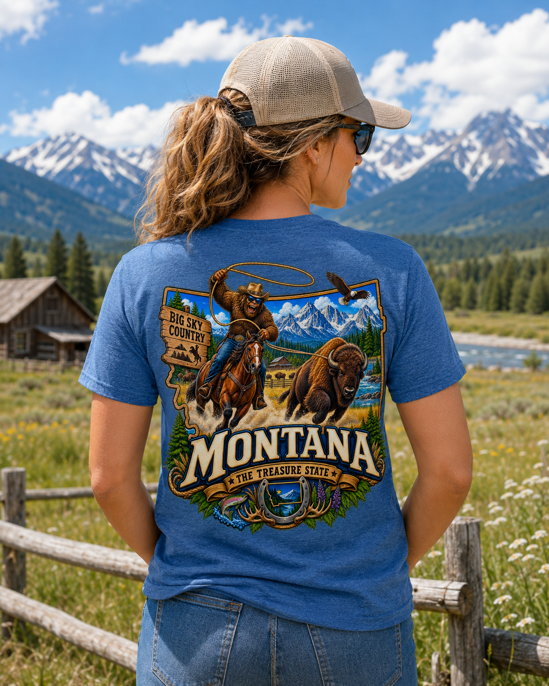 Montana Bigfoot Cowboy Bison T-Shirt