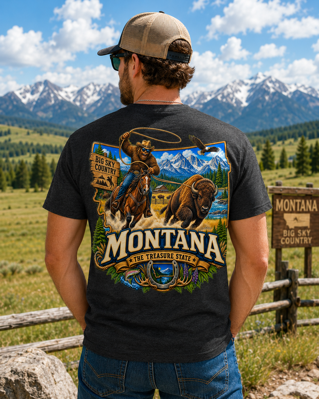 Montana Bigfoot Cowboy Bison T-Shirt