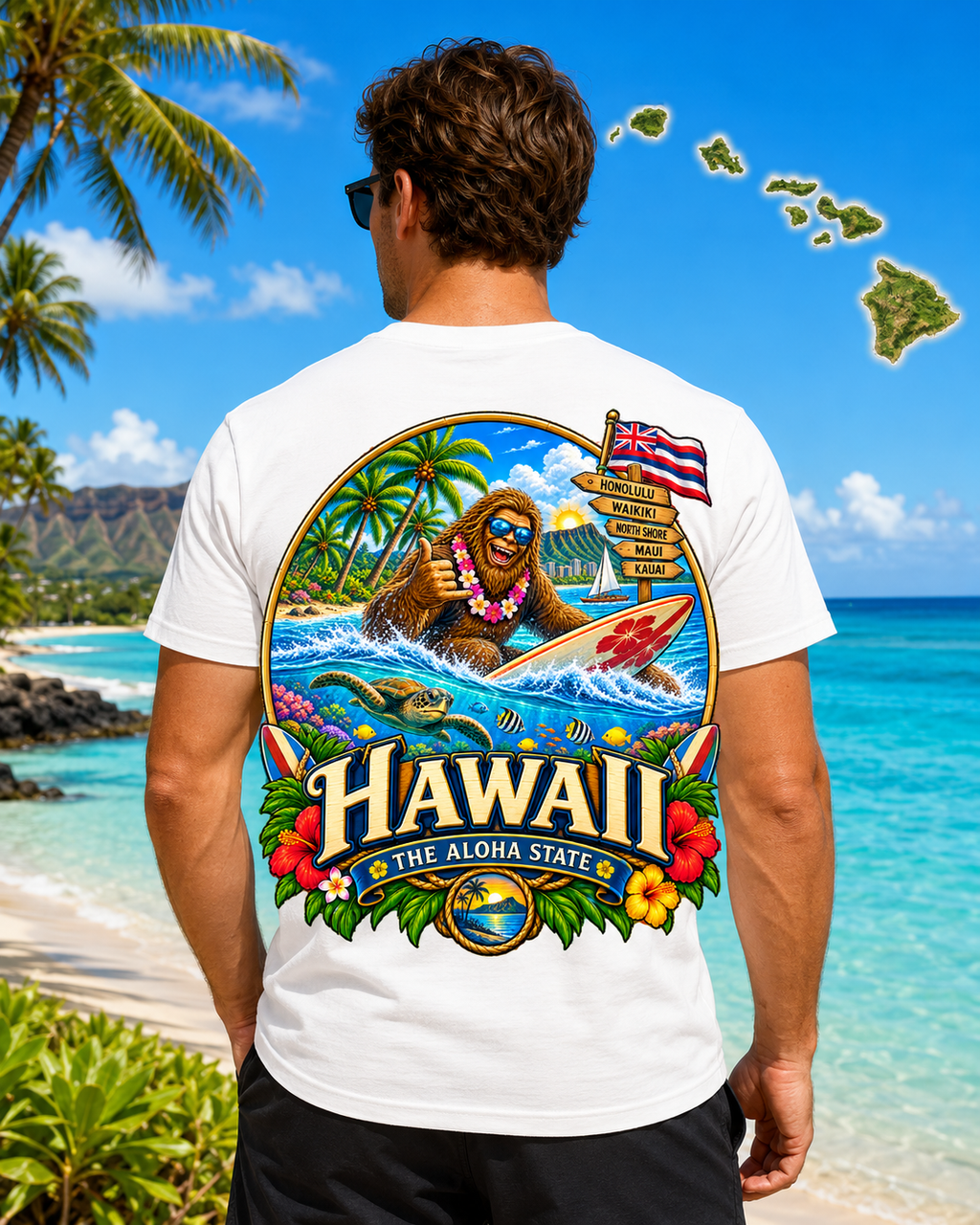 Hawaii Bigfoot Shirt / Sasquatch Surfing Aloha State Tee / Hawaiian Vacation Shirt / Bigfoot Coast to Coast