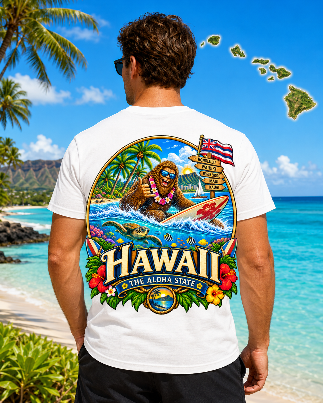 Hawaii Bigfoot Shirt / Sasquatch Surfing Aloha State Tee / Hawaiian Vacation Shirt / Bigfoot Coast to Coast