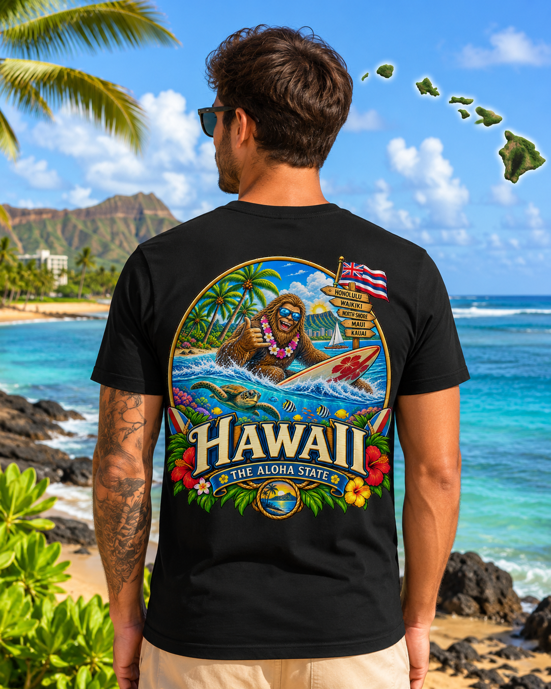 Hawaii Bigfoot Shirt / Sasquatch Surfing Aloha State Tee / Hawaiian Vacation Shirt / Bigfoot Coast to Coast