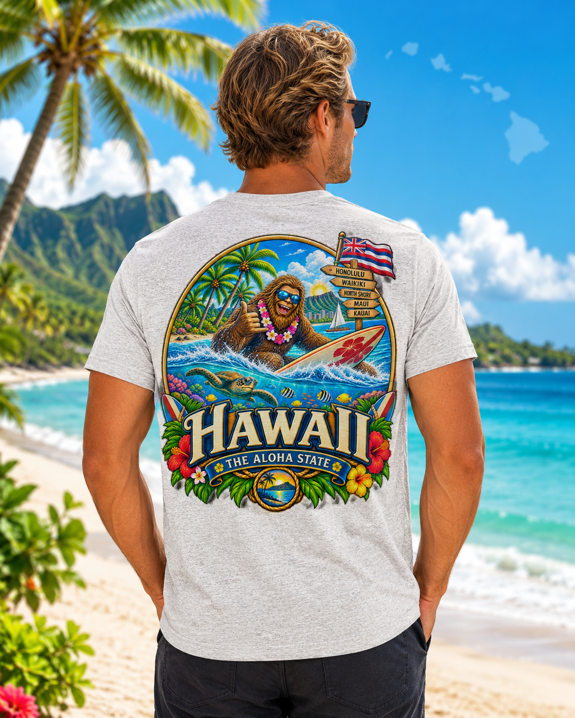 Hawaii Bigfoot Shirt / Sasquatch Surfing Aloha State Tee / Hawaiian Vacation Shirt / Bigfoot Coast to Coast