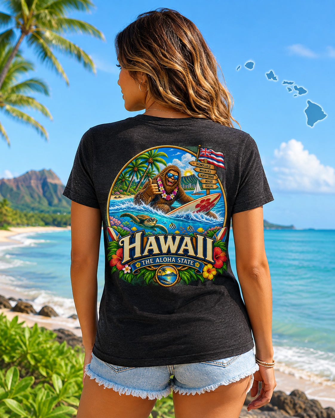 Hawaii Bigfoot Shirt / Sasquatch Surfing Aloha State Tee / Hawaiian Vacation Shirt / Bigfoot Coast to Coast