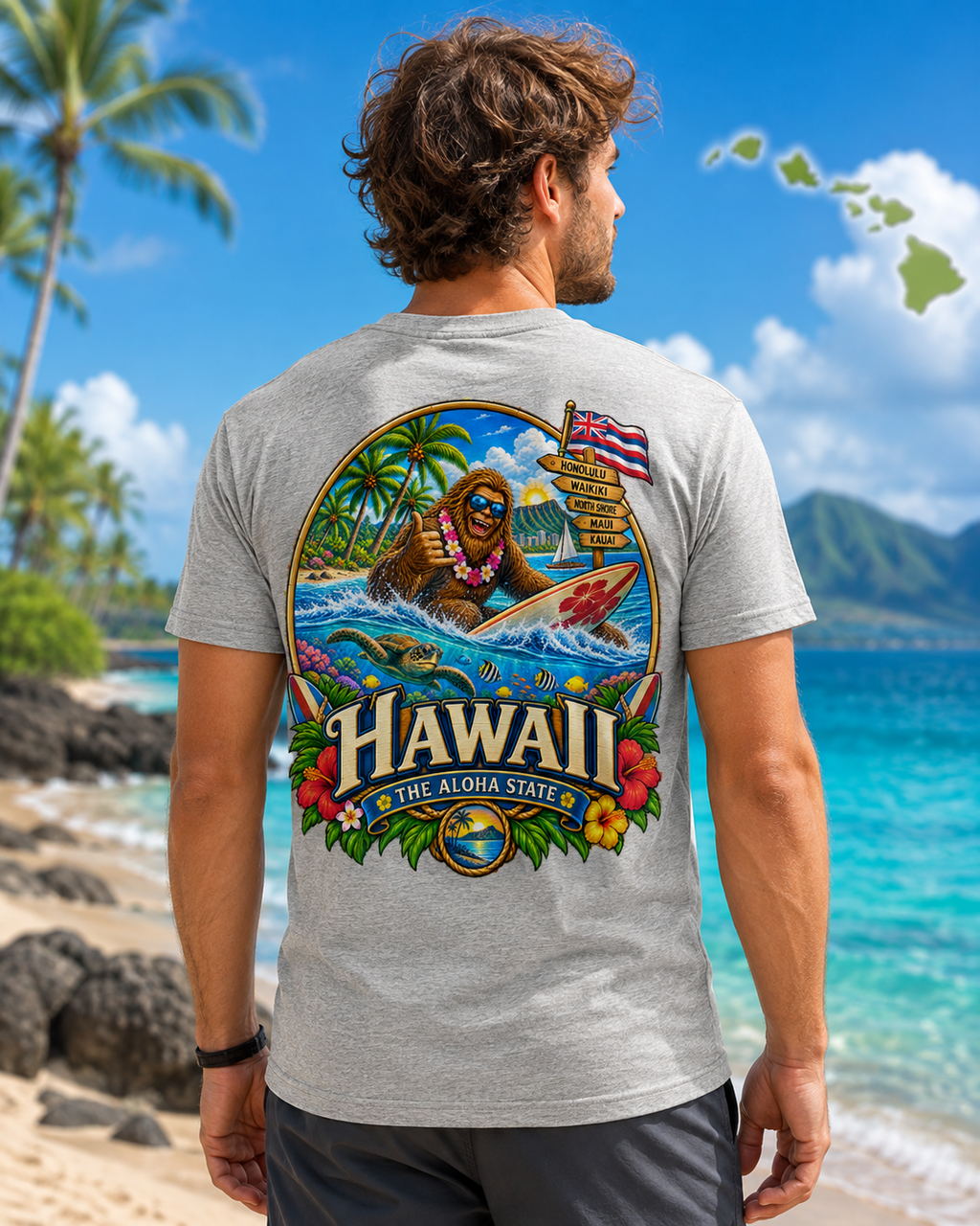 Hawaii Bigfoot Shirt / Sasquatch Surfing Aloha State Tee / Hawaiian Vacation Shirt / Bigfoot Coast to Coast