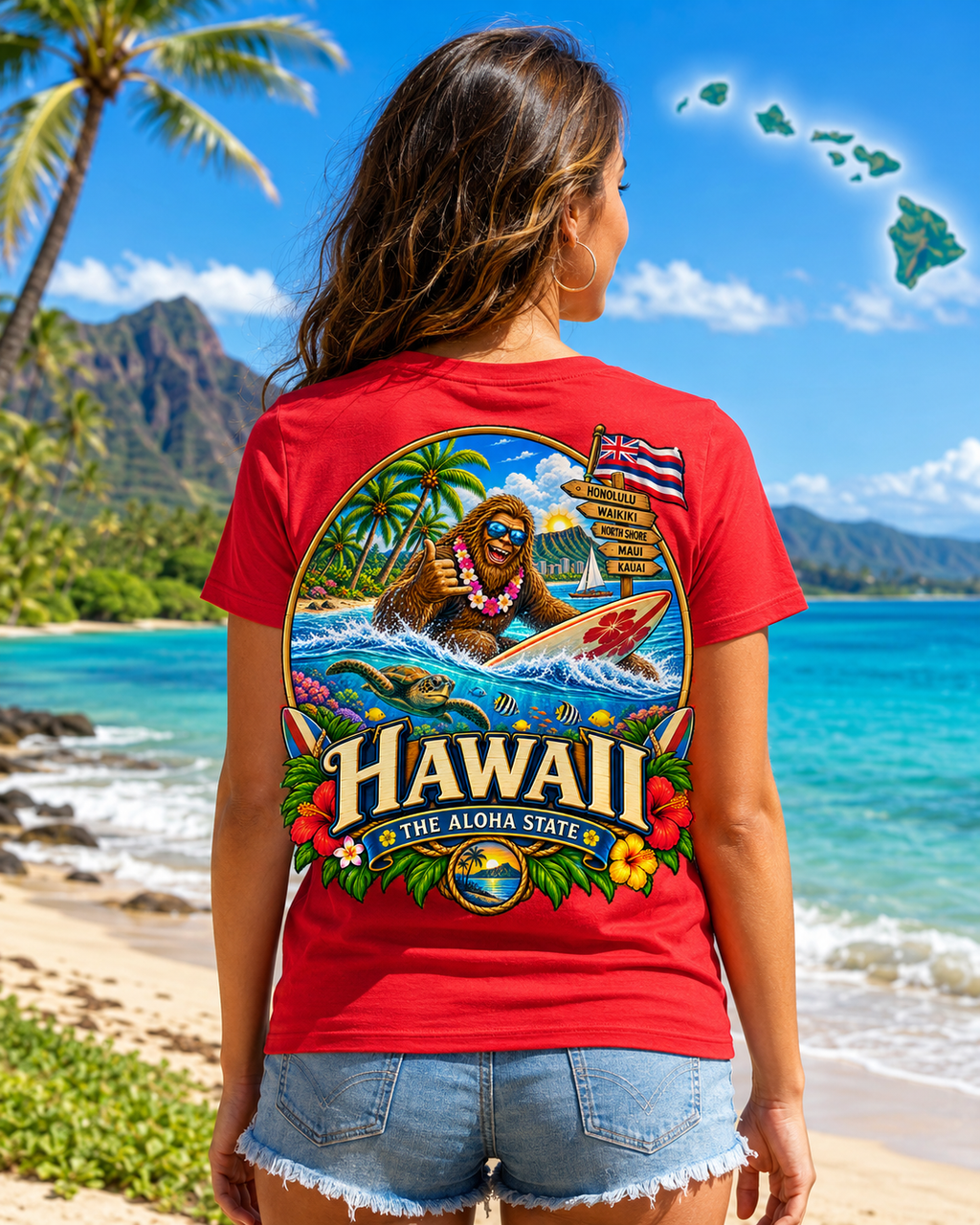 Hawaii Bigfoot Shirt / Sasquatch Surfing Aloha State Tee / Hawaiian Vacation Shirt / Bigfoot Coast to Coast