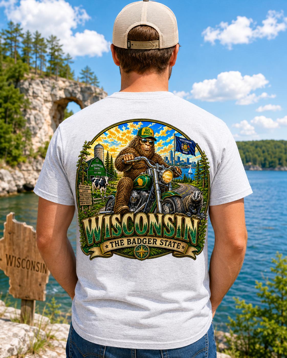 Wisconsin Bigfoot Motorcycle T-Shirt | Badger State Sasquatch Tee