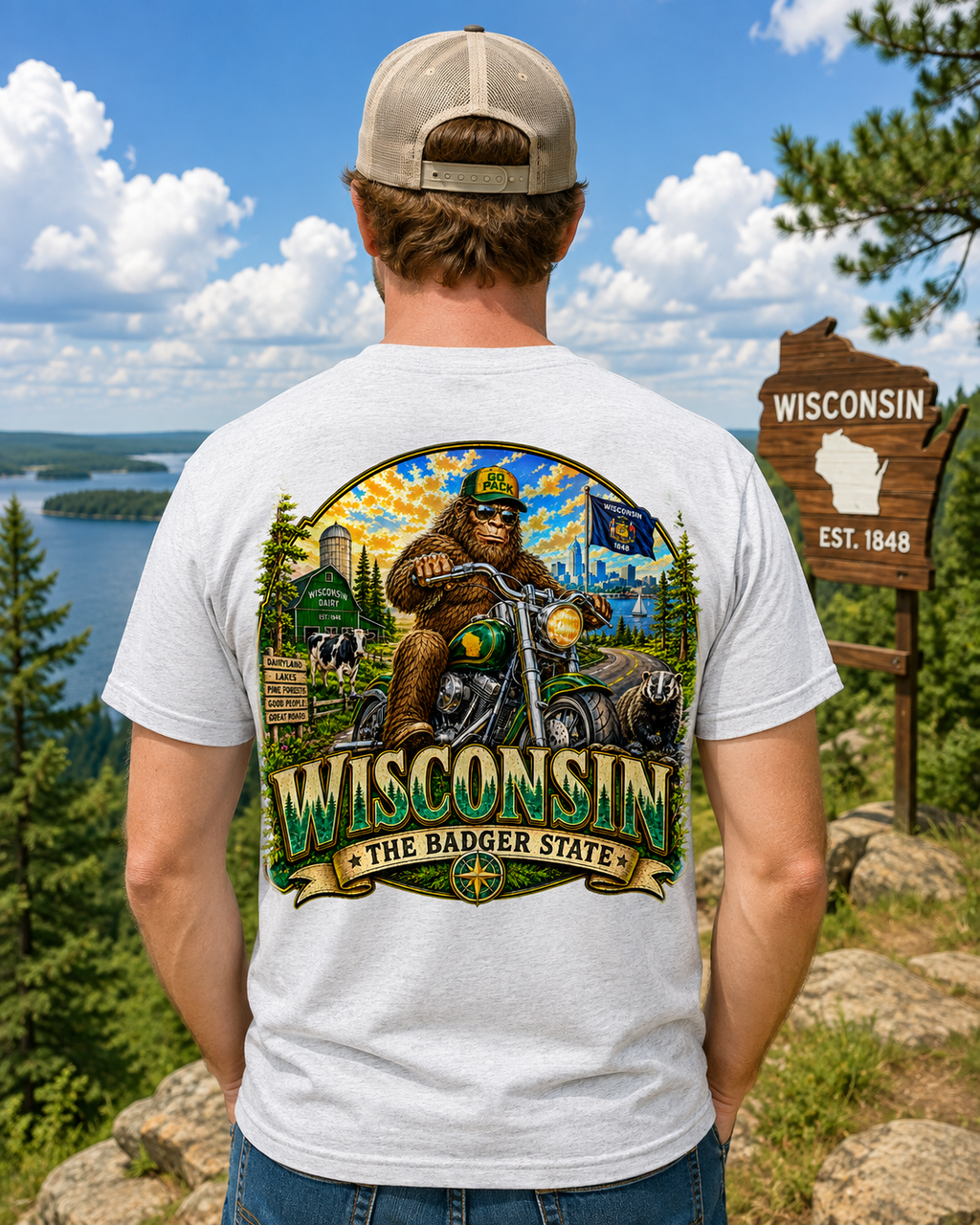 Wisconsin Bigfoot Motorcycle T-Shirt | Badger State Sasquatch Tee