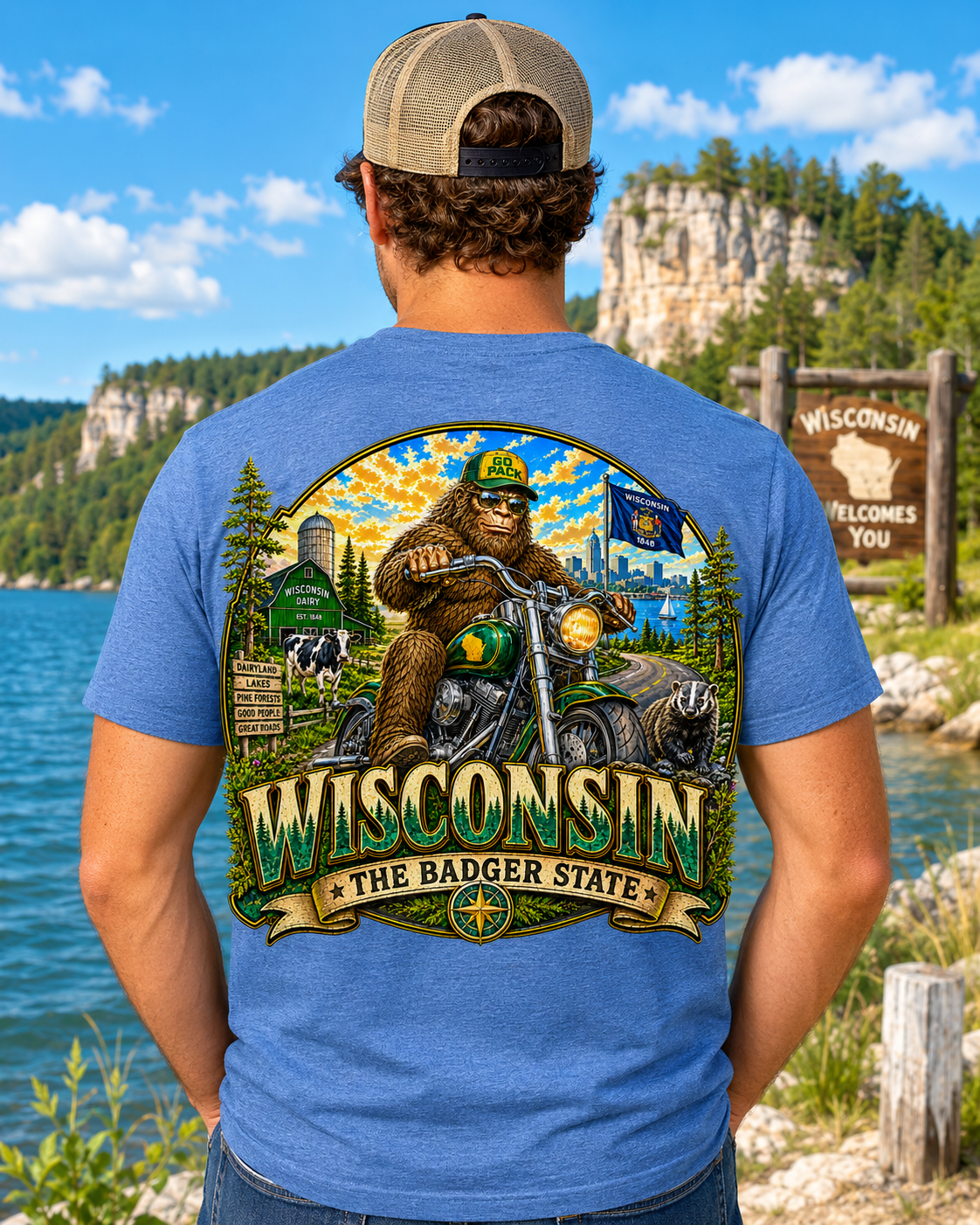 Wisconsin Bigfoot Motorcycle T-Shirt | Badger State Sasquatch Tee