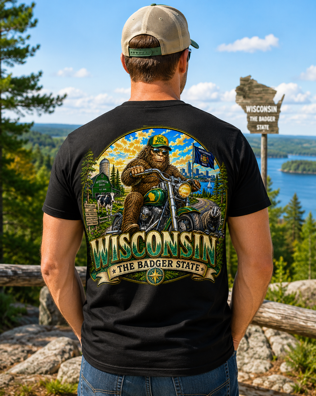 Wisconsin Bigfoot Motorcycle T-Shirt | Badger State Sasquatch Tee