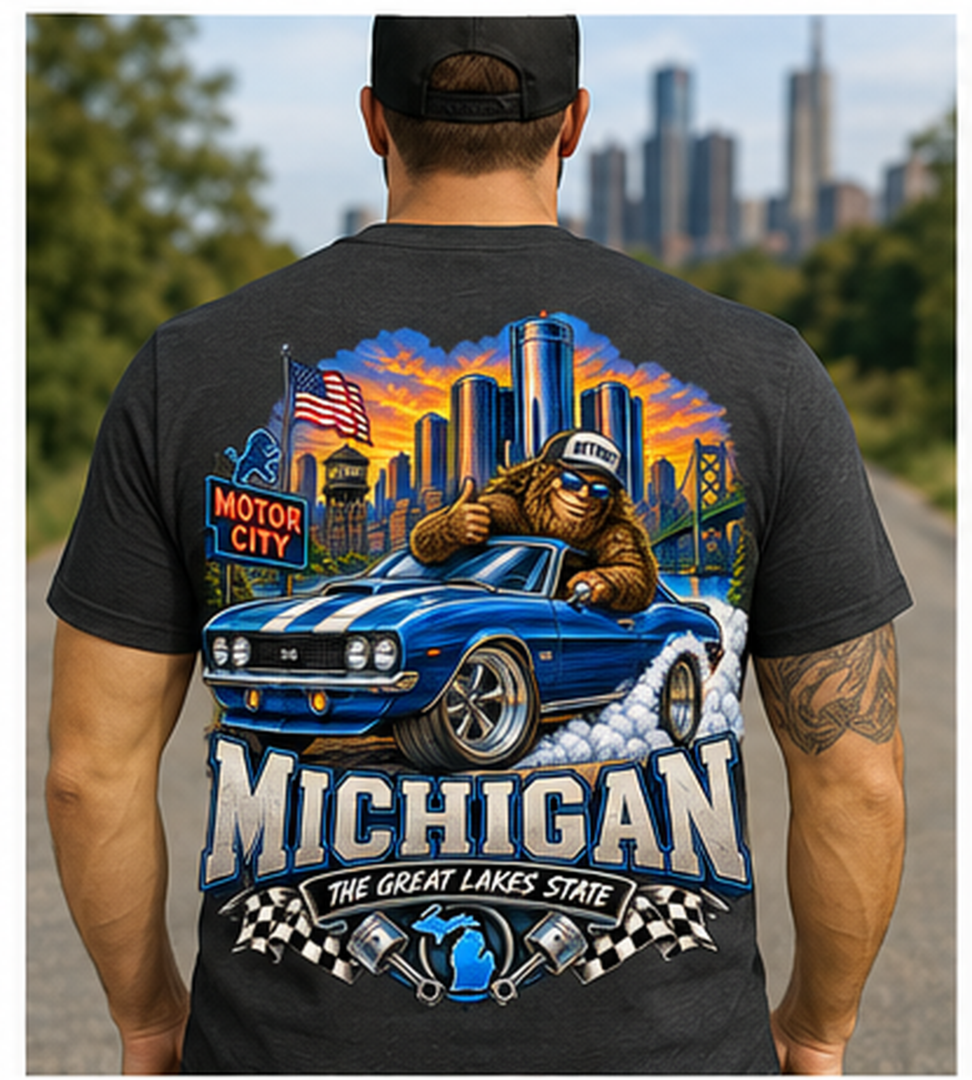 Michigan Bigfoot Shirt, Motor City Sasquatch Muscle Car Tee