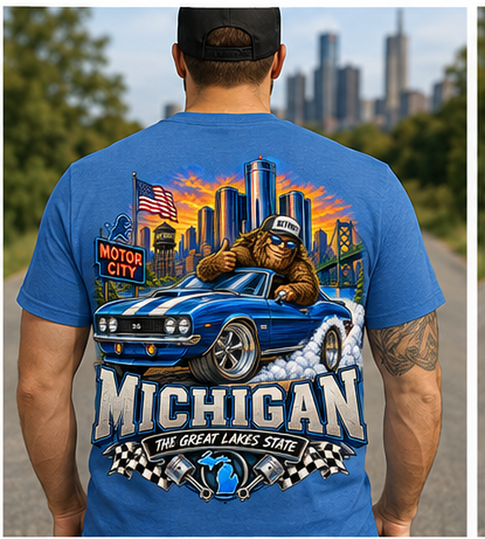 Michigan Bigfoot Shirt, Motor City Sasquatch Muscle Car Tee