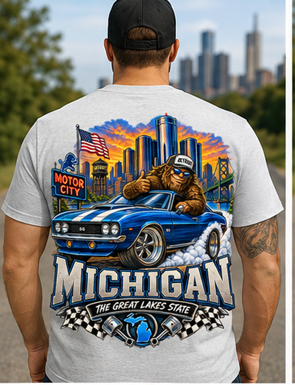 Michigan Bigfoot Shirt, Motor City Sasquatch Muscle Car Tee