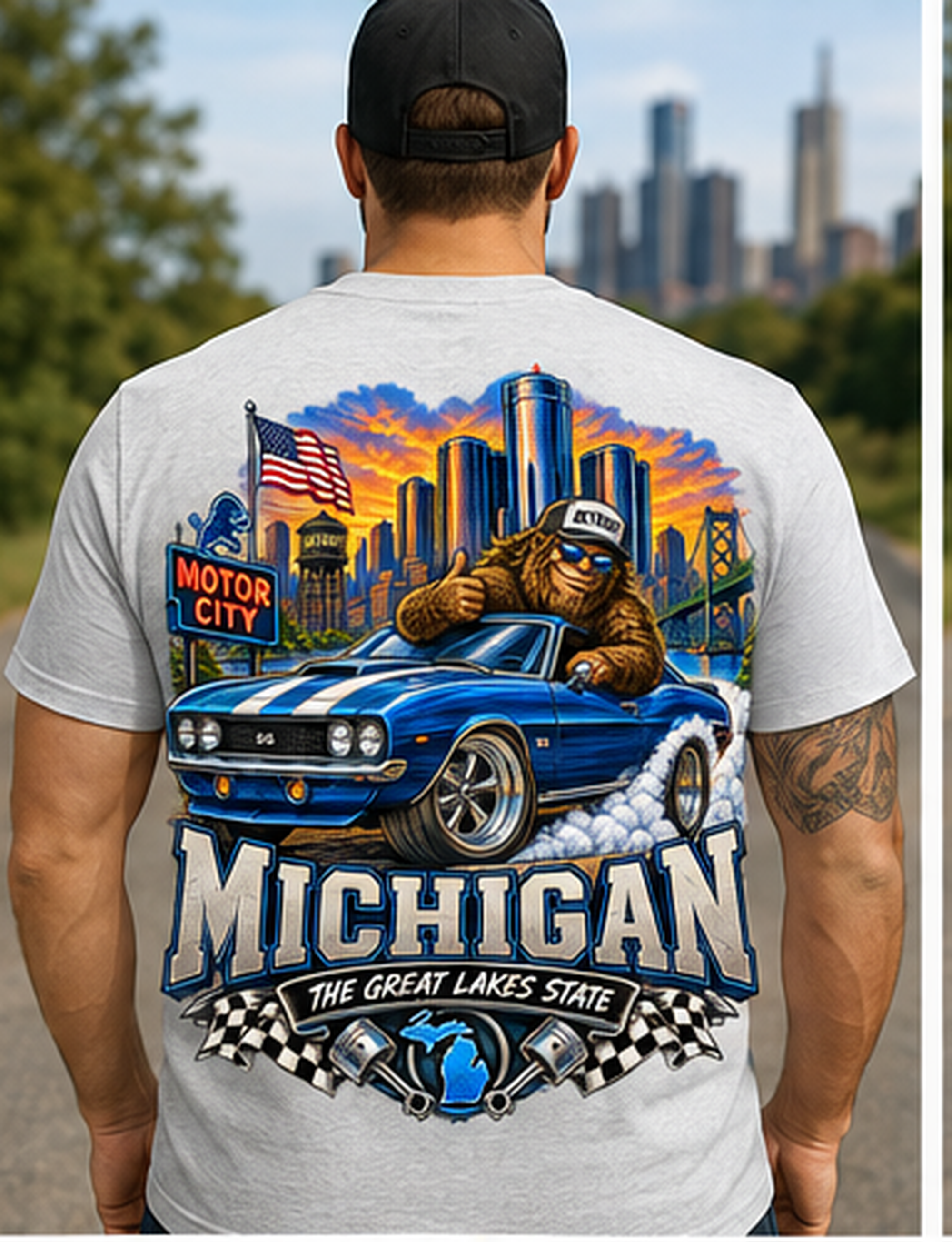 Michigan Bigfoot Shirt, Motor City Sasquatch Muscle Car Tee