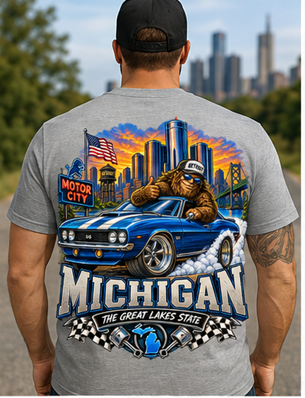 Michigan Bigfoot Shirt, Motor City Sasquatch Muscle Car Tee