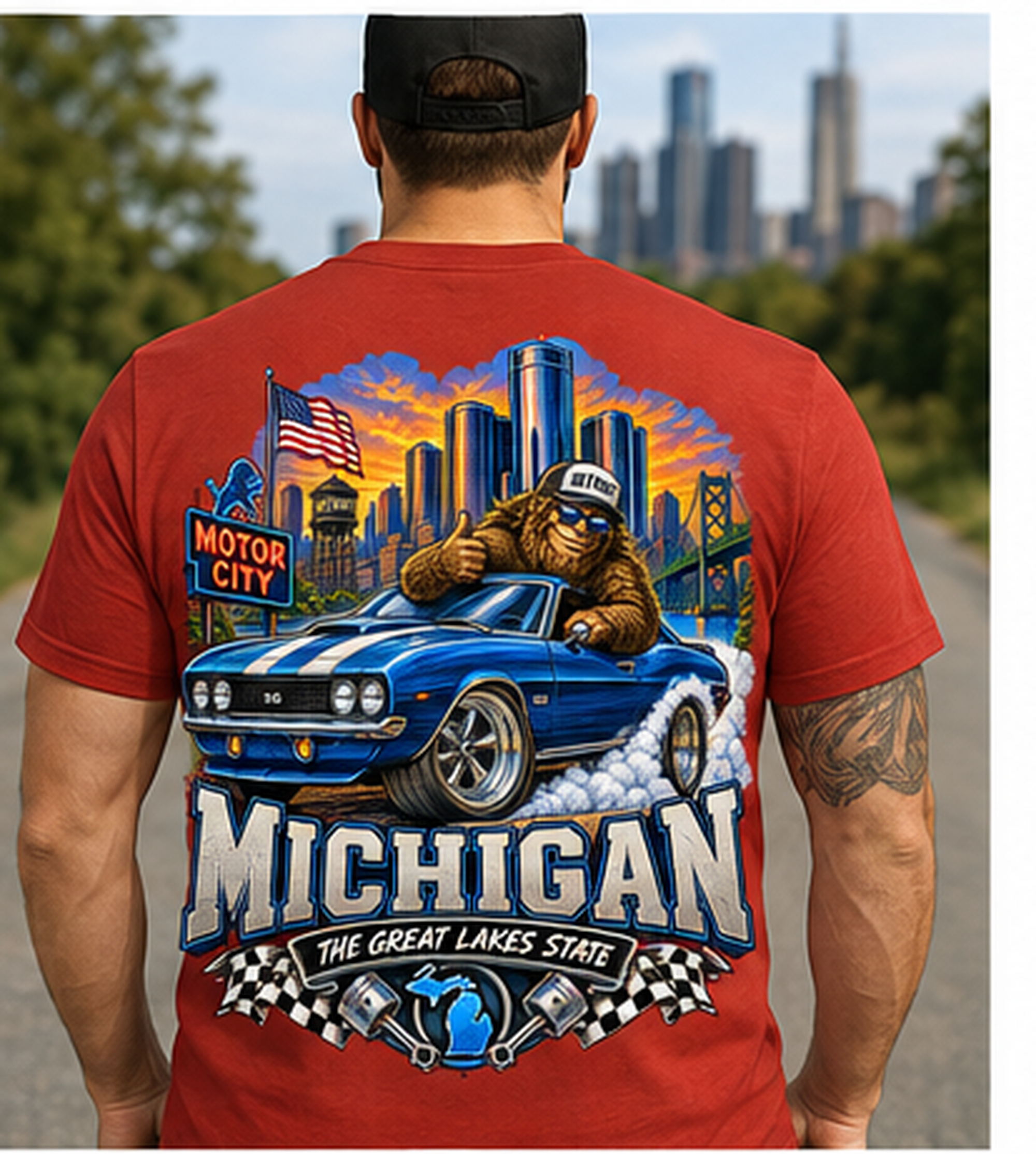 Michigan Bigfoot Shirt, Motor City Sasquatch Muscle Car Tee
