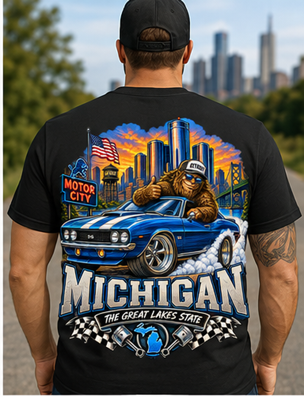 Michigan Bigfoot Shirt, Motor City Sasquatch Muscle Car Tee