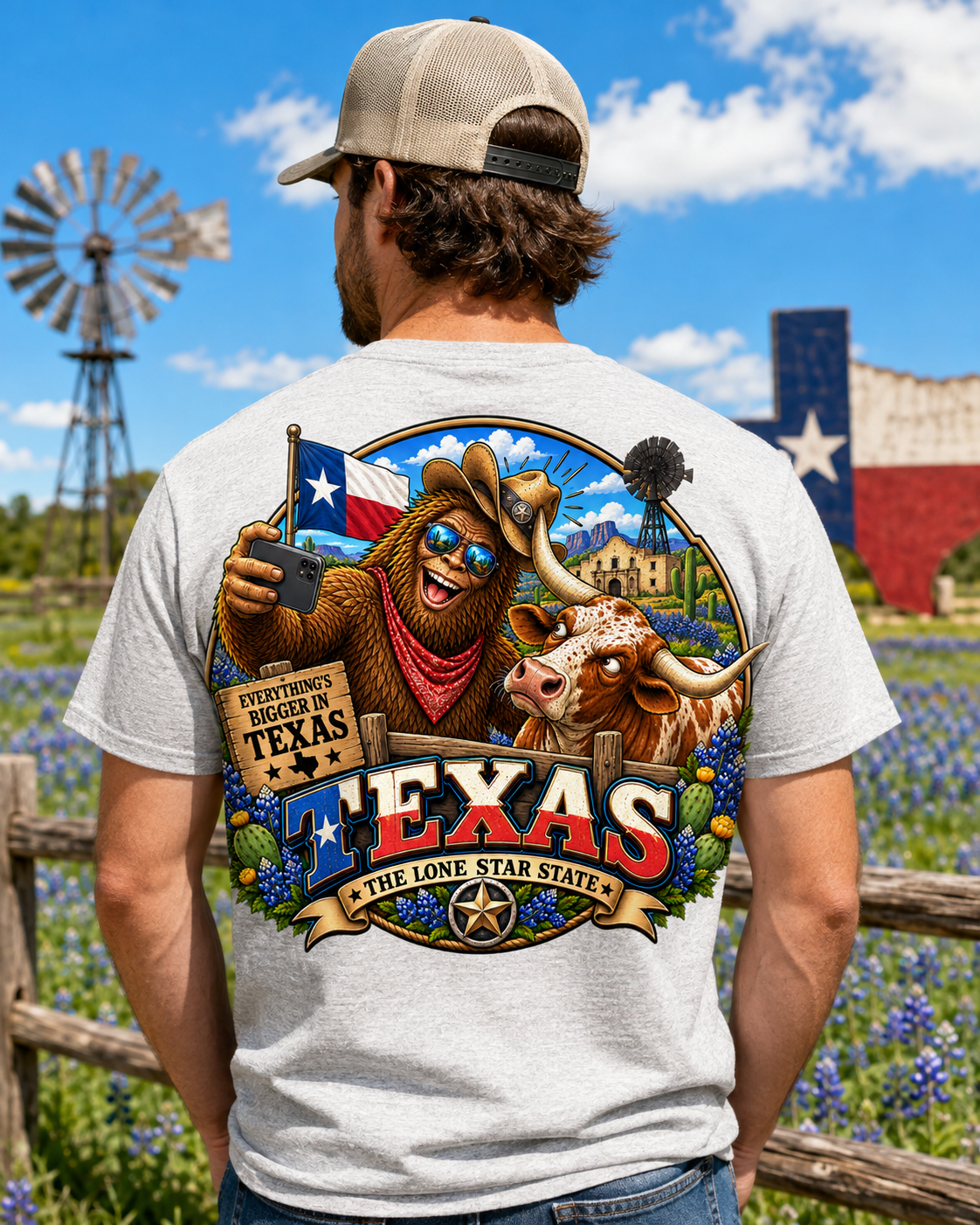Texas Bigfoot Selfie Shirt  Funny Sasquatch & Longhorn Lone Star State Tee