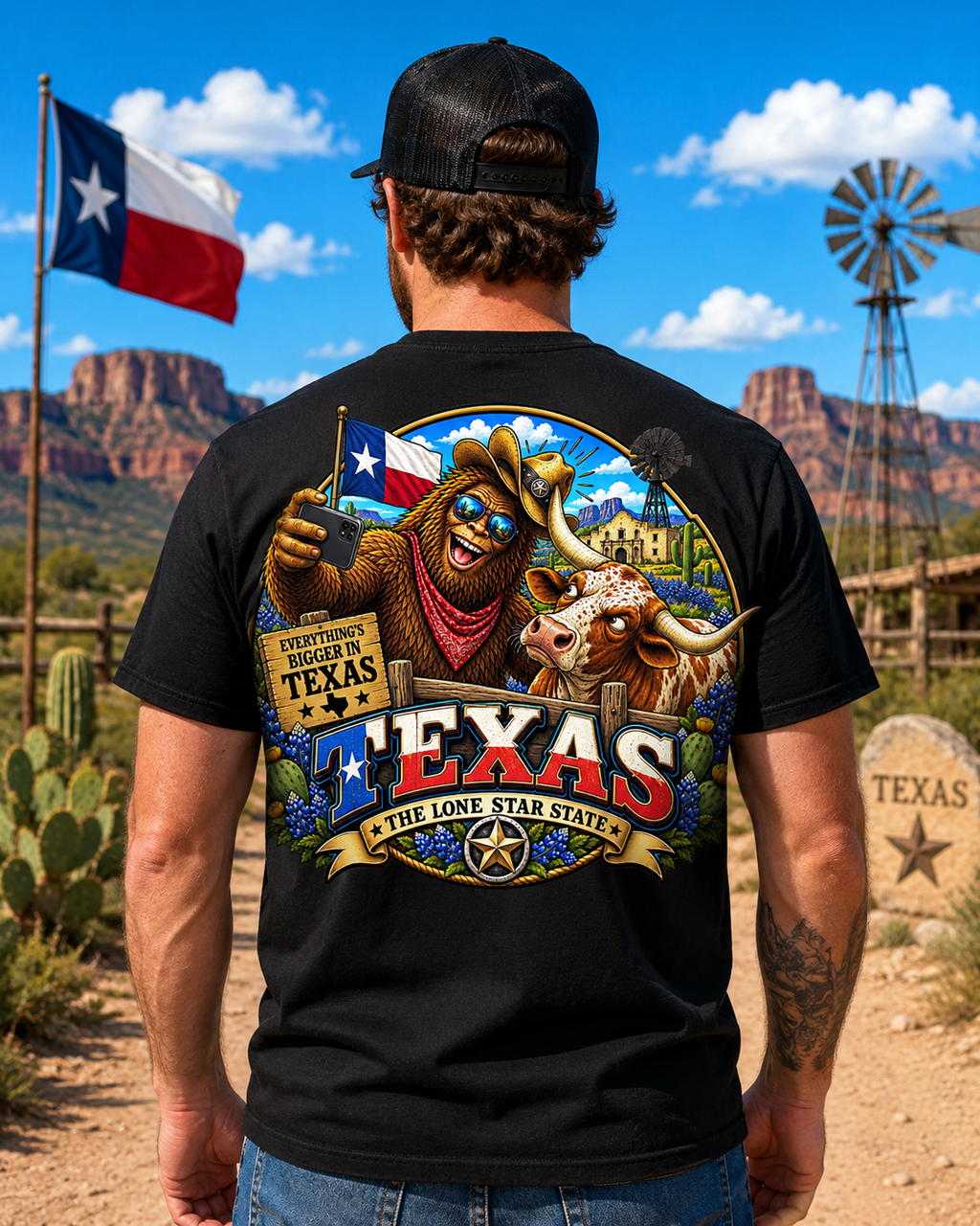Texas Bigfoot Selfie Shirt  Funny Sasquatch & Longhorn Lone Star State Tee