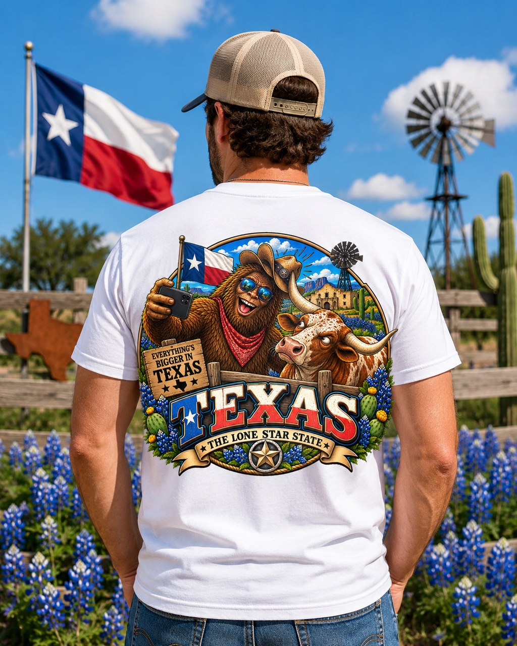Texas Bigfoot Selfie Shirt  Funny Sasquatch & Longhorn Lone Star State Tee