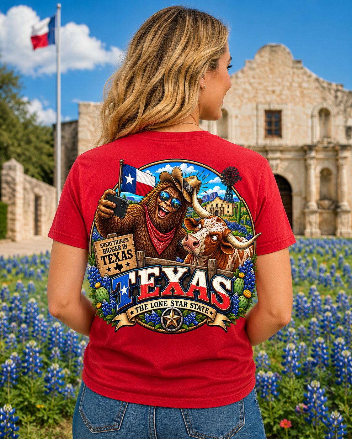 Texas Bigfoot Selfie Shirt  Funny Sasquatch & Longhorn Lone Star State Tee