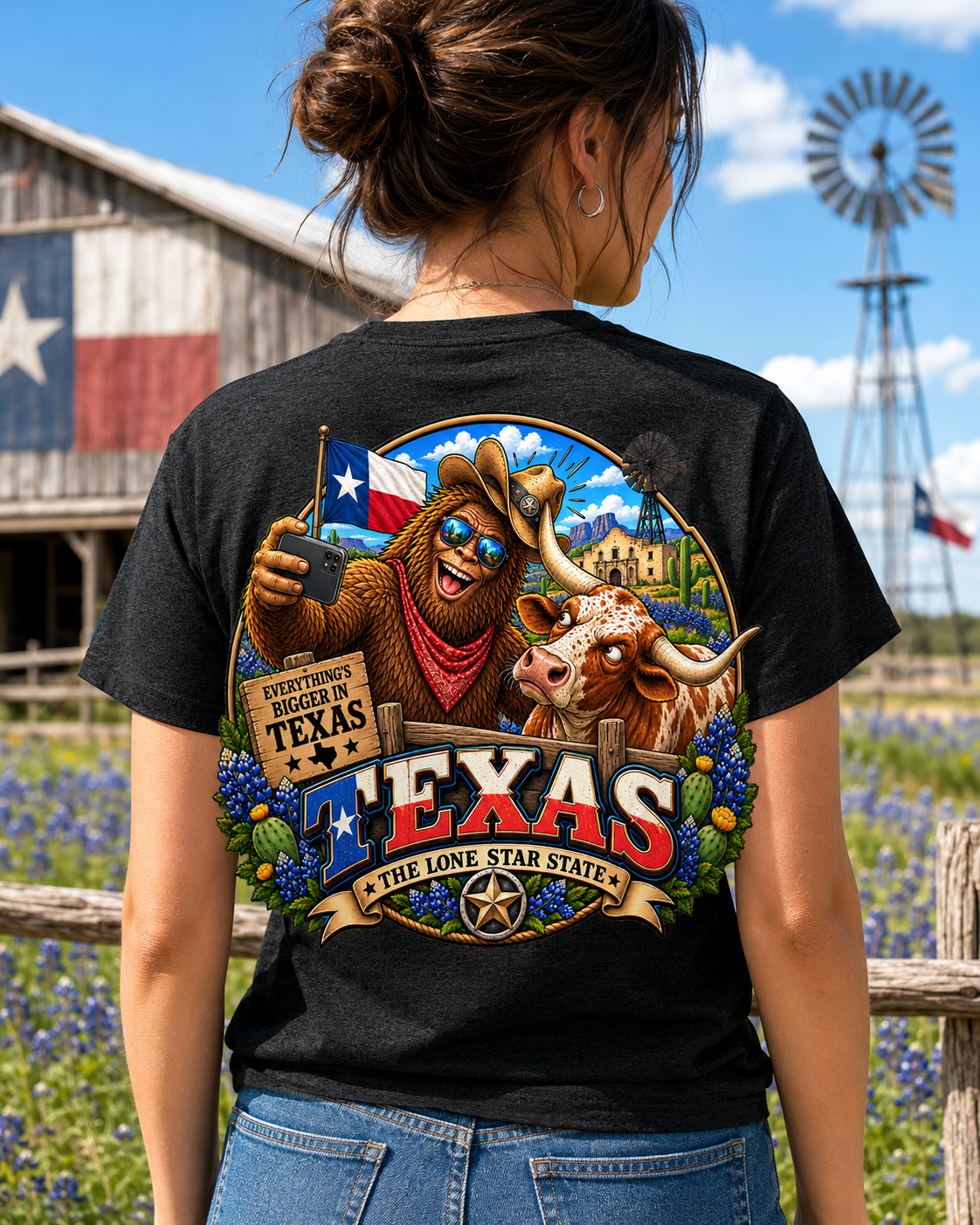Texas Bigfoot Selfie Shirt  Funny Sasquatch & Longhorn Lone Star State Tee