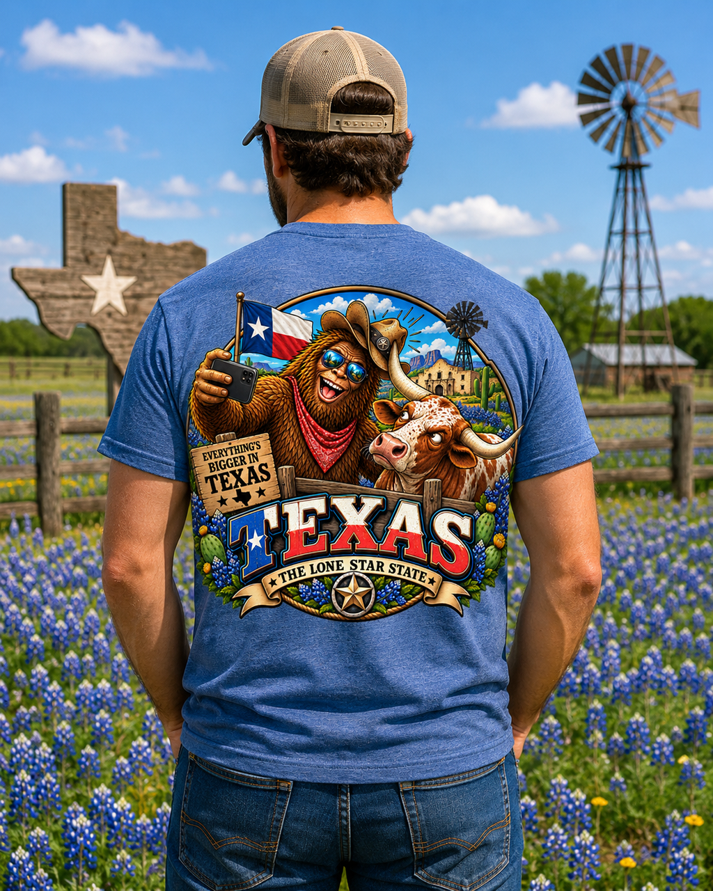 Texas Bigfoot Selfie Shirt  Funny Sasquatch & Longhorn Lone Star State Tee