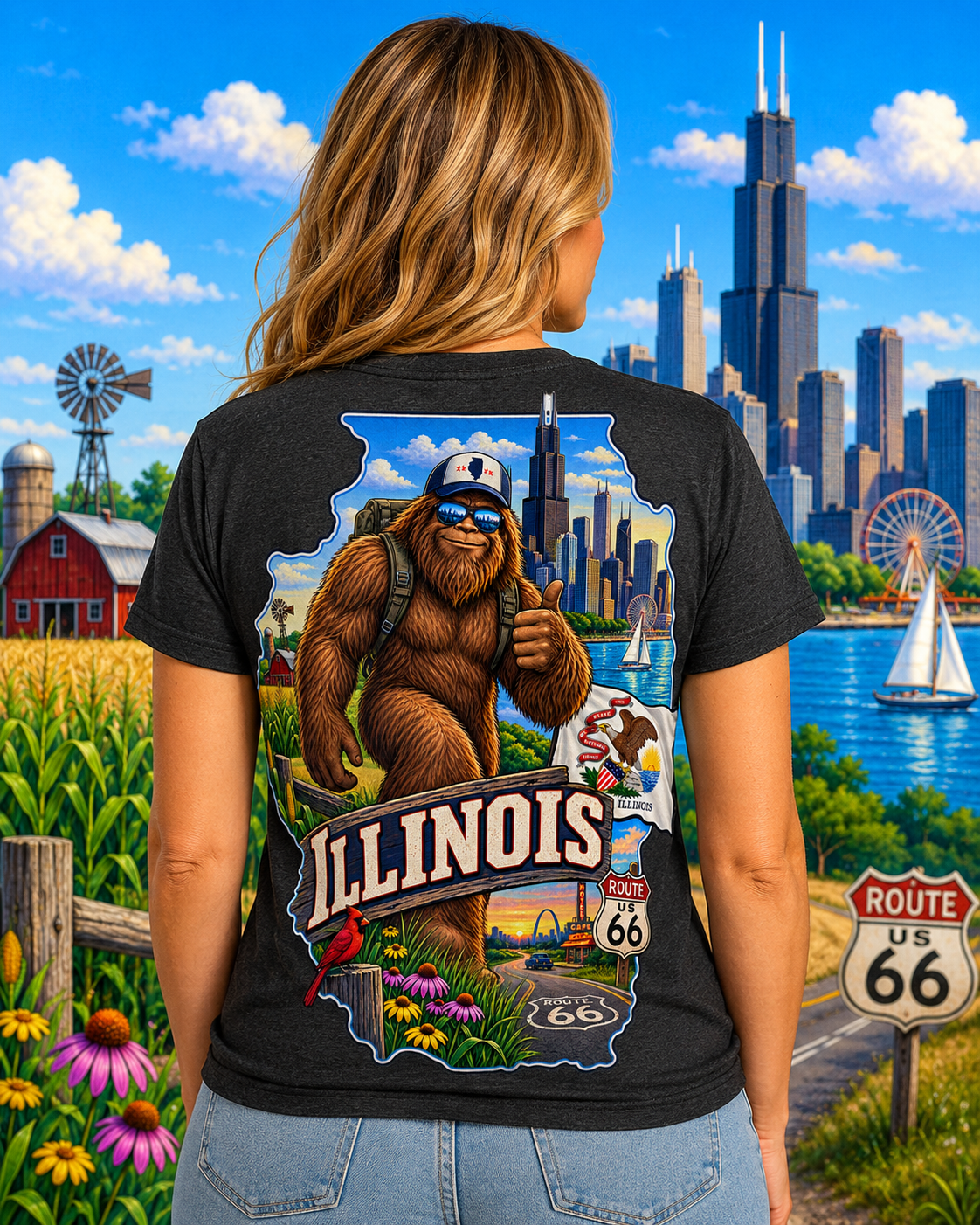 Illinois Bigfoot Shirt, Route 66 Sasquatch T-Shirt, Chicago Bigfoot Tee, Illinois Gift, Bigfoot Coast to Coast