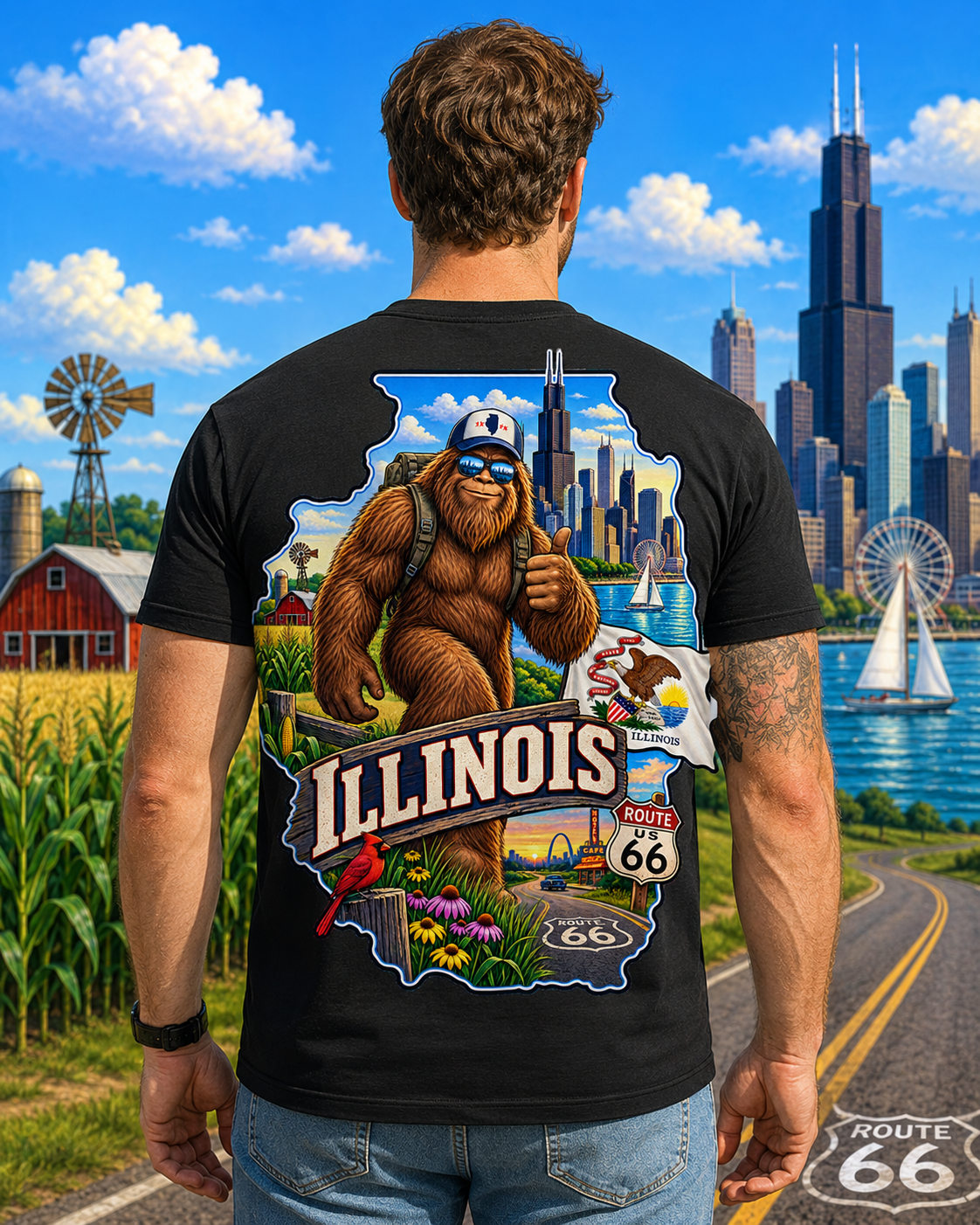 Illinois Bigfoot Shirt, Route 66 Sasquatch T-Shirt, Chicago Bigfoot Tee, Illinois Gift, Bigfoot Coast to Coast