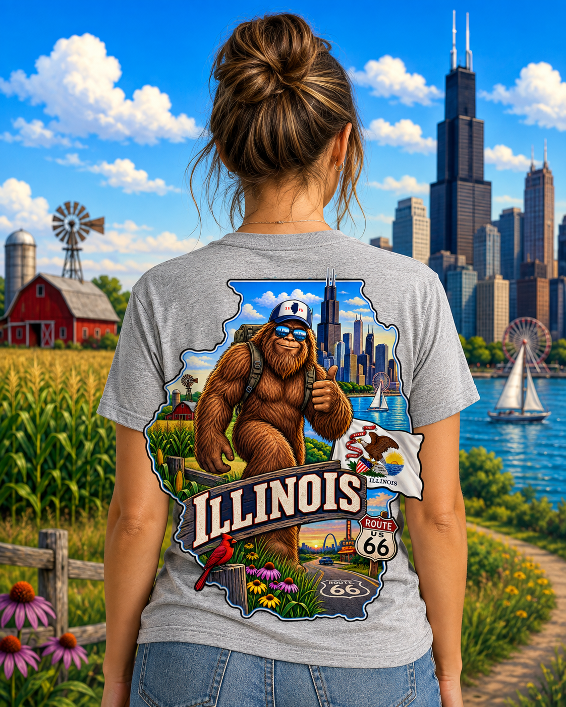 Illinois Bigfoot Shirt, Route 66 Sasquatch T-Shirt, Chicago Bigfoot Tee, Illinois Gift, Bigfoot Coast to Coast