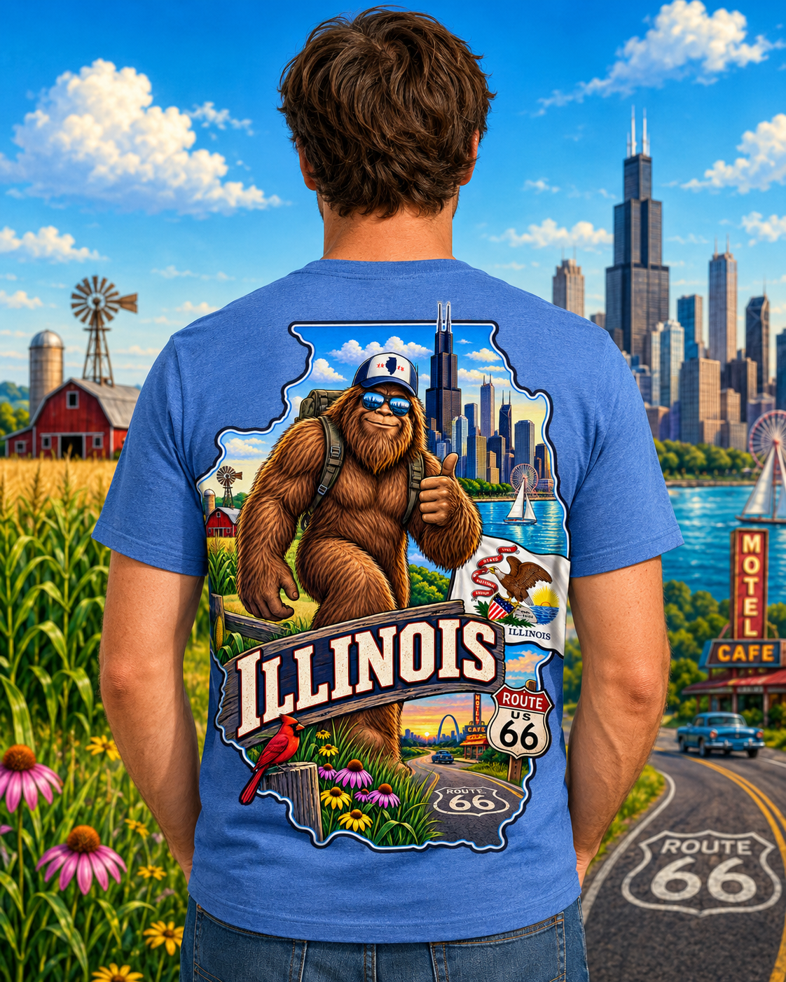 Illinois Bigfoot Shirt, Route 66 Sasquatch T-Shirt, Chicago Bigfoot Tee, Illinois Gift, Bigfoot Coast to Coast