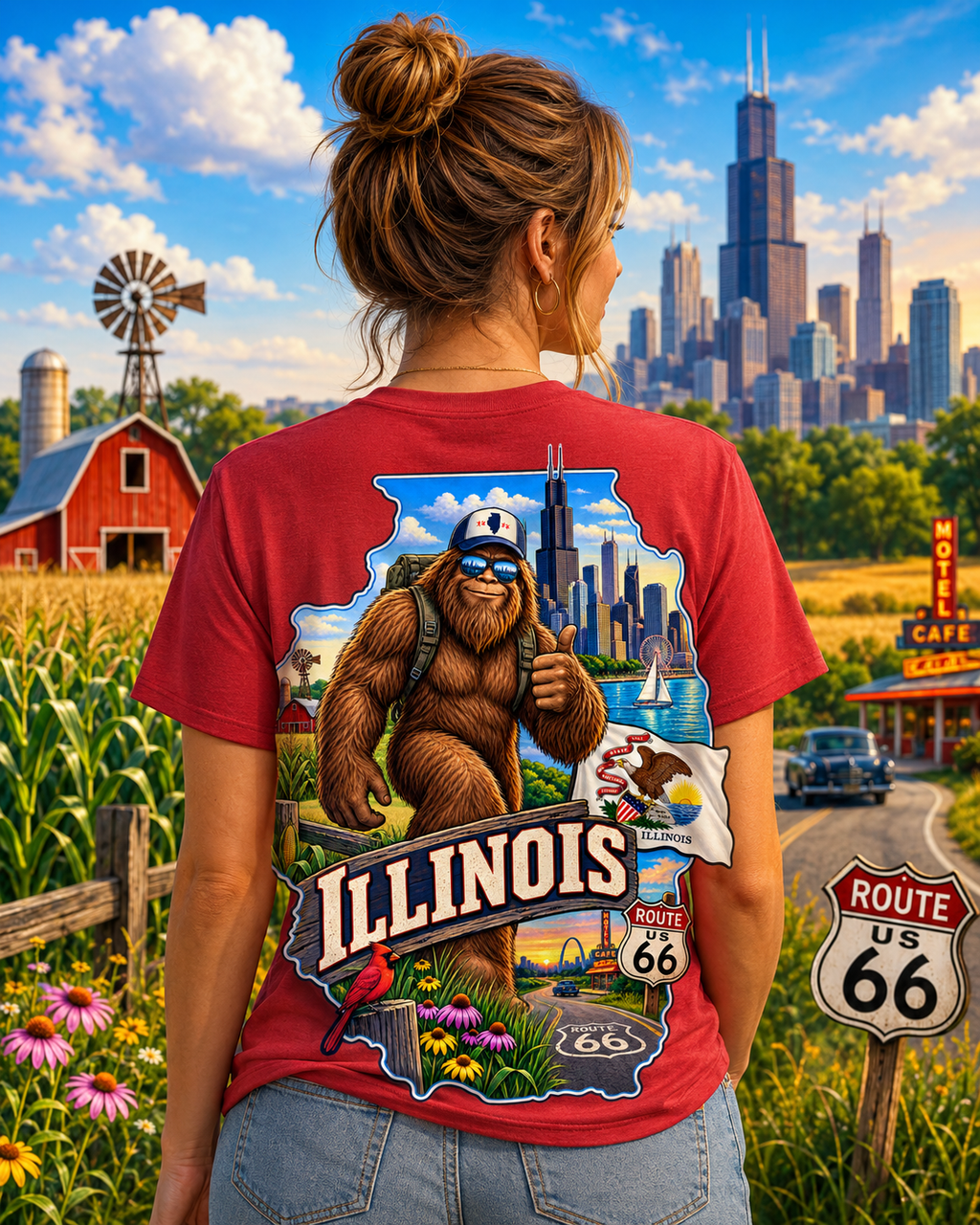 Illinois Bigfoot Shirt, Route 66 Sasquatch T-Shirt, Chicago Bigfoot Tee, Illinois Gift, Bigfoot Coast to Coast