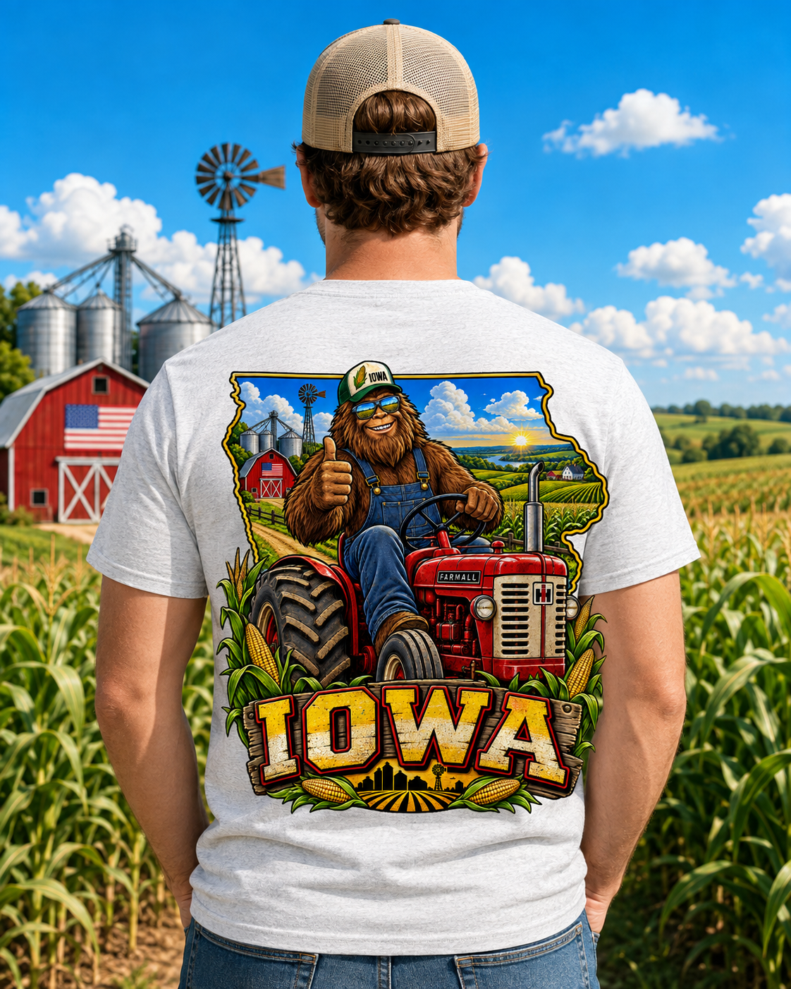 Iowa Bigfoot Tractor Shirt | Sasquatch Farm Tee | Cornfield Iowa Graphic T-Shirt | Bigfoot Coast to Coast