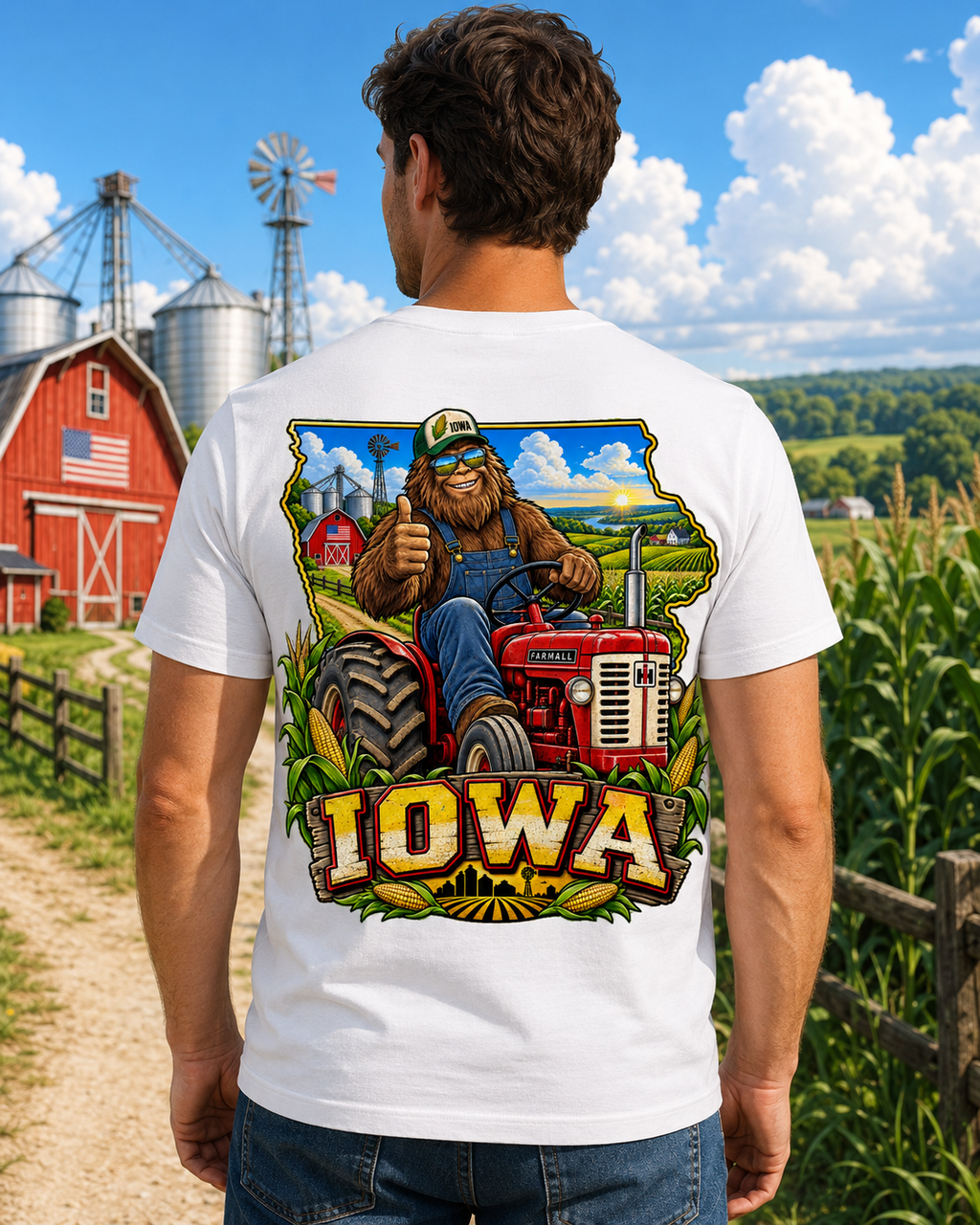 Iowa Bigfoot Tractor Shirt | Sasquatch Farm Tee | Cornfield Iowa Graphic T-Shirt | Bigfoot Coast to Coast