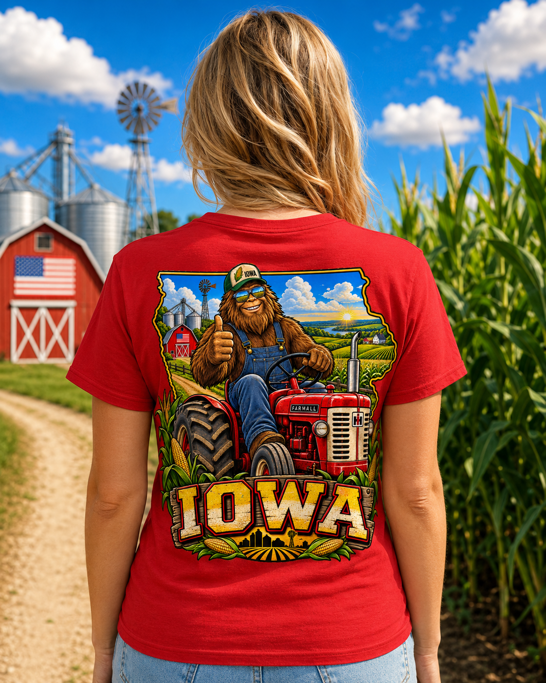 Iowa Bigfoot Tractor Shirt | Sasquatch Farm Tee | Cornfield Iowa Graphic T-Shirt | Bigfoot Coast to Coast
