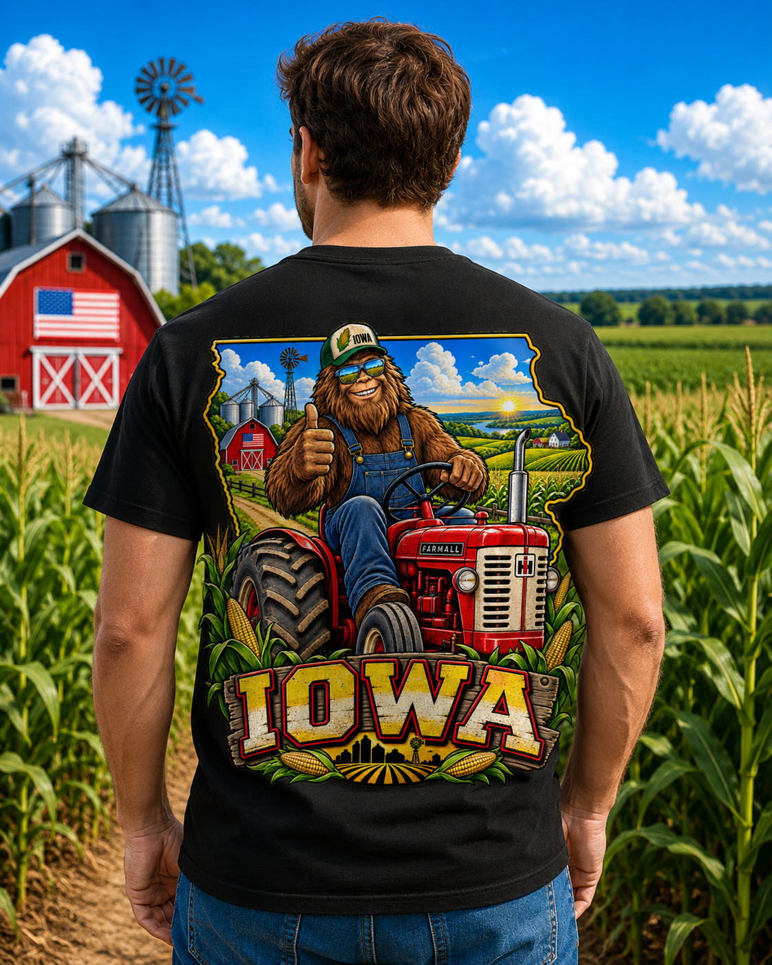 Iowa Bigfoot Tractor Shirt | Sasquatch Farm Tee | Cornfield Iowa Graphic T-Shirt | Bigfoot Coast to Coast