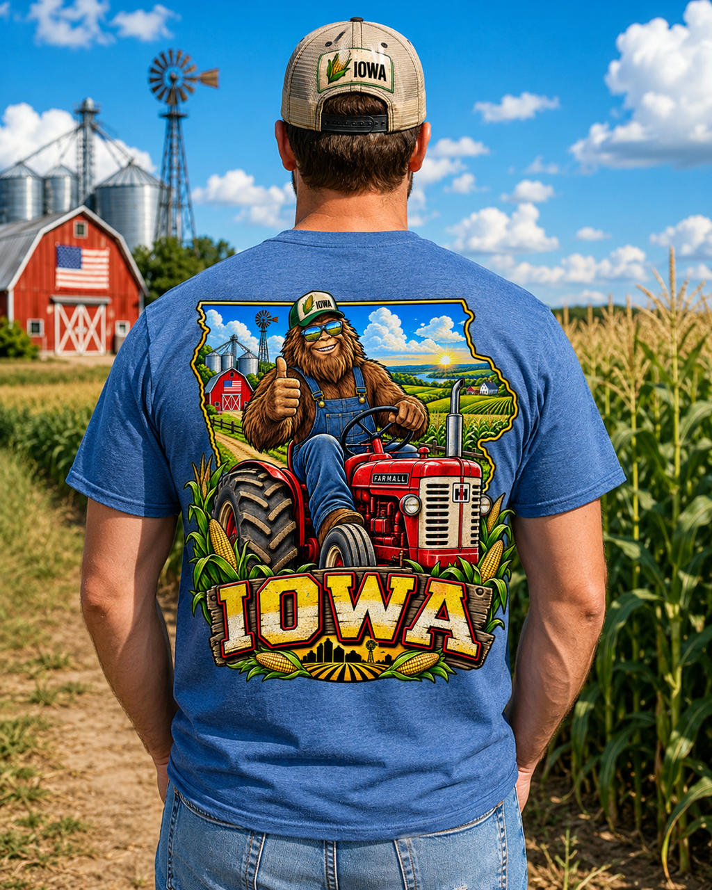 Iowa Bigfoot Tractor Shirt | Sasquatch Farm Tee | Cornfield Iowa Graphic T-Shirt | Bigfoot Coast to Coast