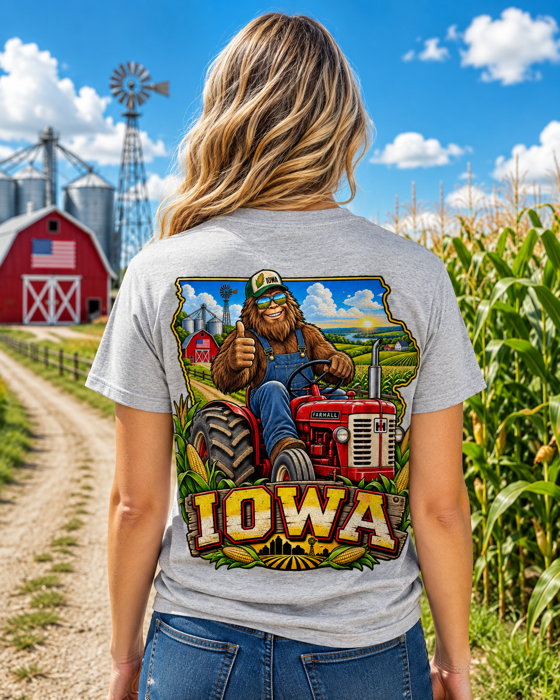 Iowa Bigfoot Tractor Shirt | Sasquatch Farm Tee | Cornfield Iowa Graphic T-Shirt | Bigfoot Coast to Coast