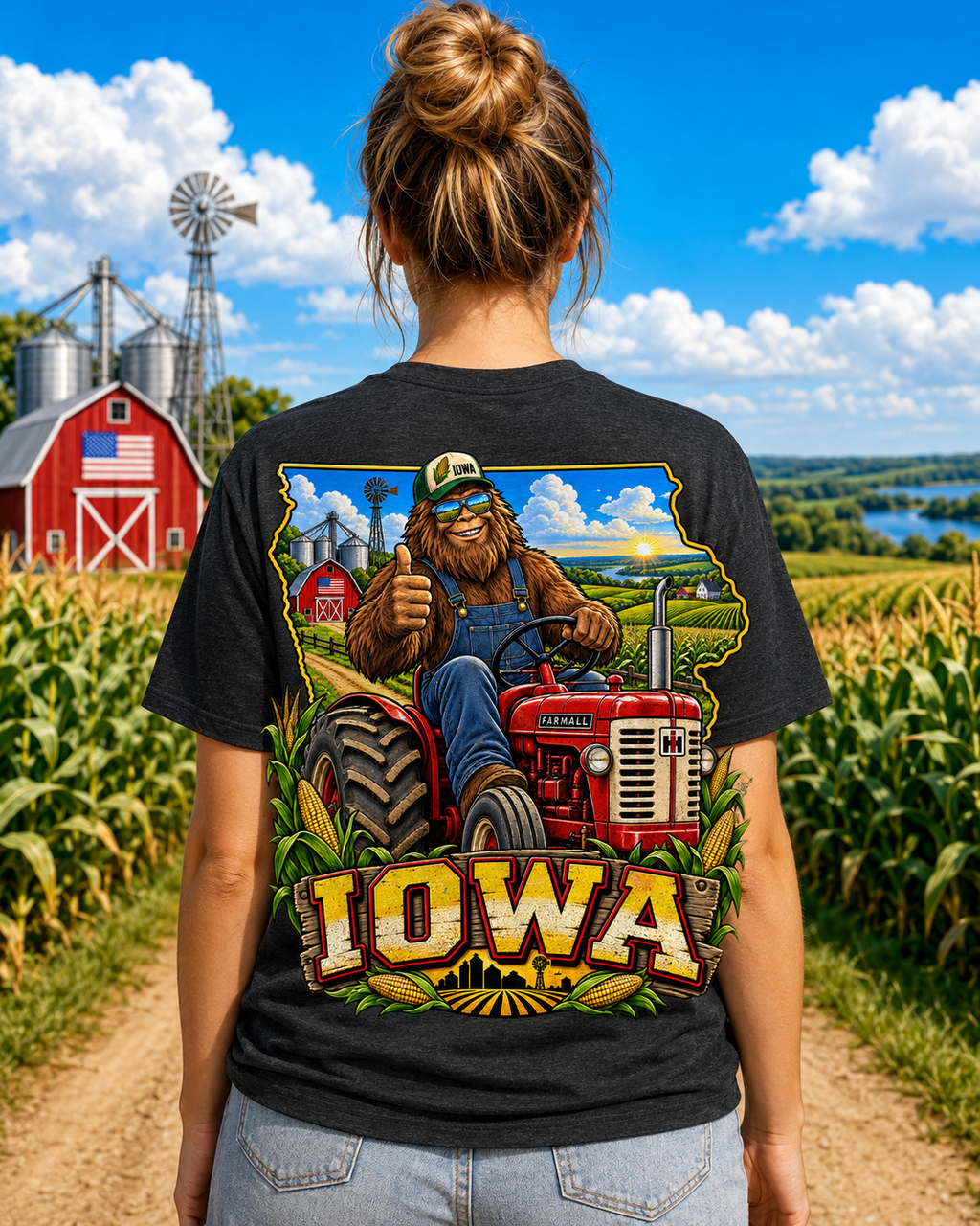 Iowa Bigfoot Tractor Shirt | Sasquatch Farm Tee | Cornfield Iowa Graphic T-Shirt | Bigfoot Coast to Coast