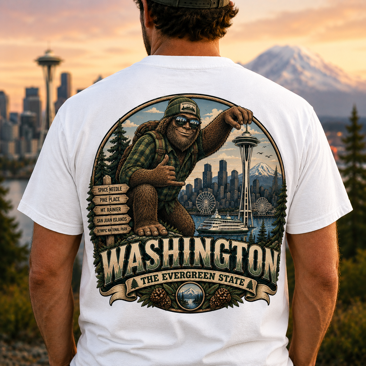 Bigfoot Seattle Skyline T-Shirt | Washington State Sasquatch Design