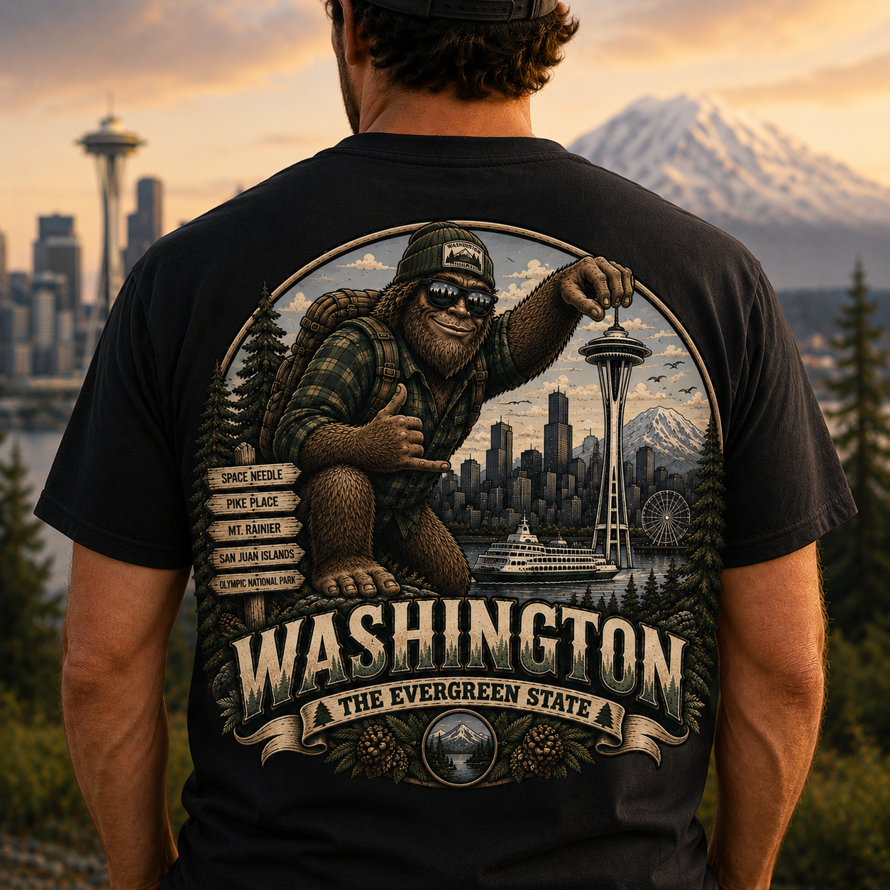Bigfoot Seattle Skyline T-Shirt | Washington State Sasquatch Design
