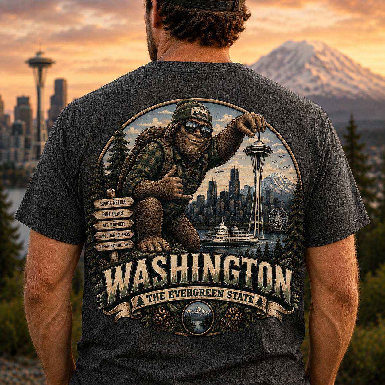 Bigfoot Seattle Skyline T-Shirt | Washington State Sasquatch Design